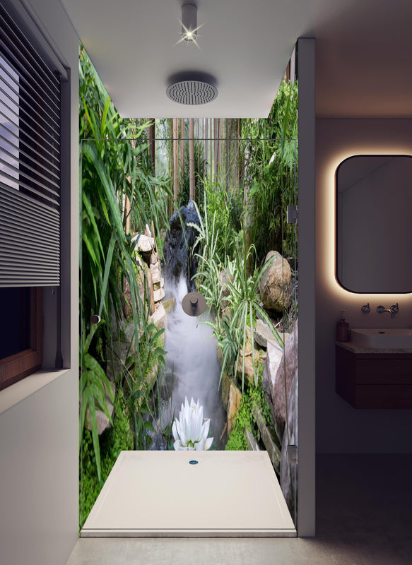 Duschrückwand - Zen-Garten mit weißer Seerose in hellem Badezimmer mit Regenduschkopf  - zweiteilige Eck-Duschrückwand