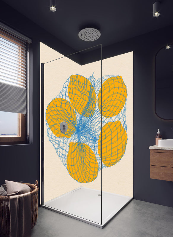 Duschrückwand - Zitronen im Sack in hellem Badezimmer mit Regenduschkopf  - zweiteilige Eck-Duschrückwand