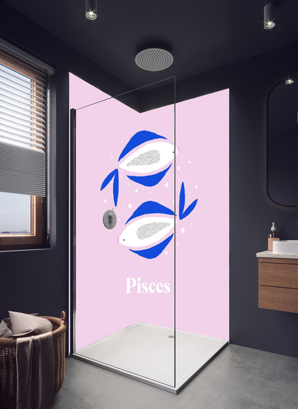 Duschrückwand - Zodiak Pisces Sternzeichen Illustration in hellem Badezimmer mit Regenduschkopf  - zweiteilige Eck-Duschrückwand