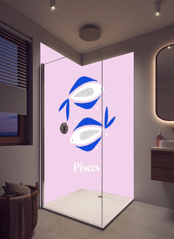 Duschrückwand - Zodiak Pisces Sternzeichen Illustration in hellem Badezimmer mit Regenduschkopf  - zweiteilige Eck-Duschrückwand