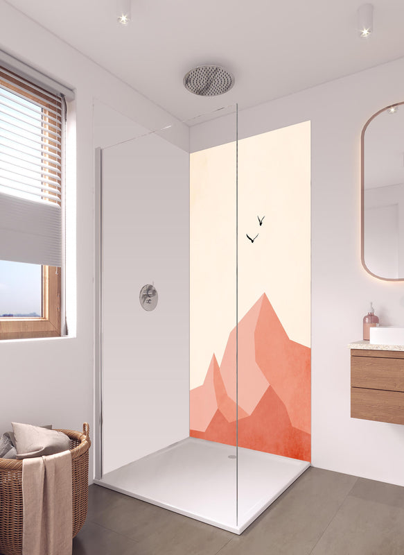 Duschrückwand - Zugspitze - Moderne Darstellung in hellem Badezimmer mit Regenduschkopf  - zweiteilige Eck-Duschrückwand