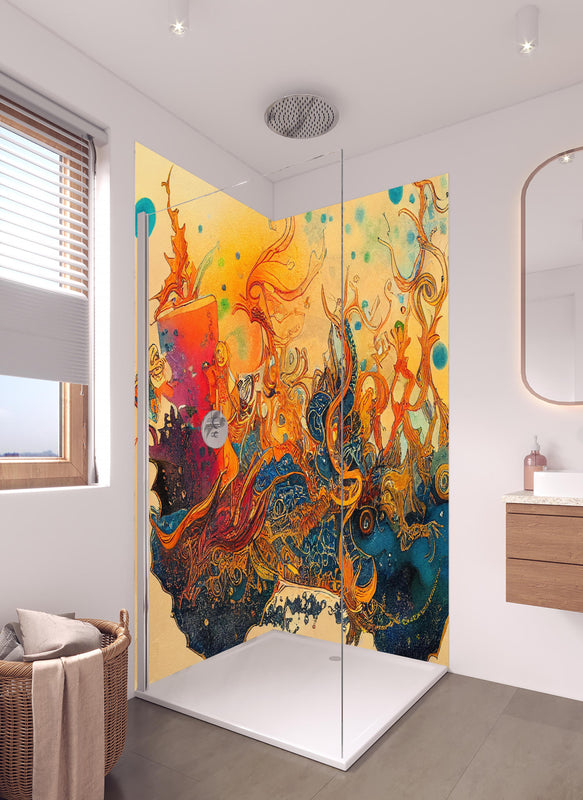 Duschrückwand - abstrakte bunte Aquarell-Design Illustration in hellem Badezimmer mit Regenduschkopf  - zweiteilige Eck-Duschrückwand
