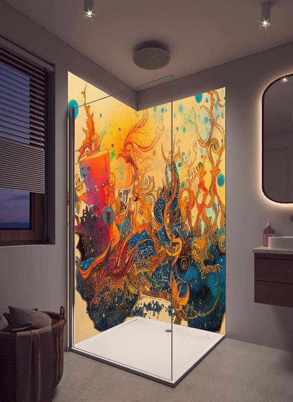 Duschrückwand - abstrakte bunte Aquarell-Design Illustration in hellem Badezimmer mit Regenduschkopf  - zweiteilige Eck-Duschrückwand