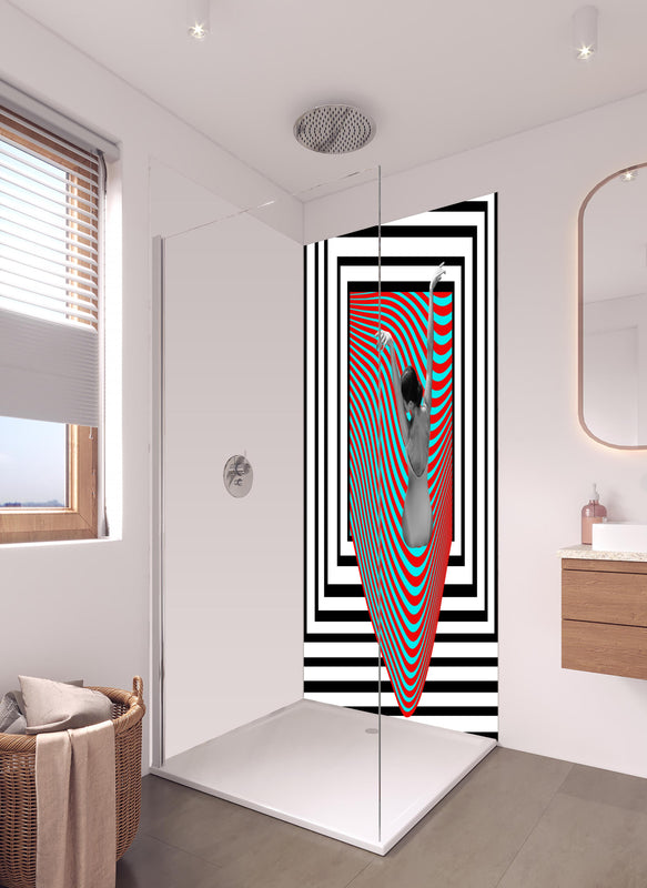 Duschrückwand - ästhetische Kunstkollage mit Model in hellem Badezimmer mit Regenduschkopf  - zweiteilige Eck-Duschrückwand