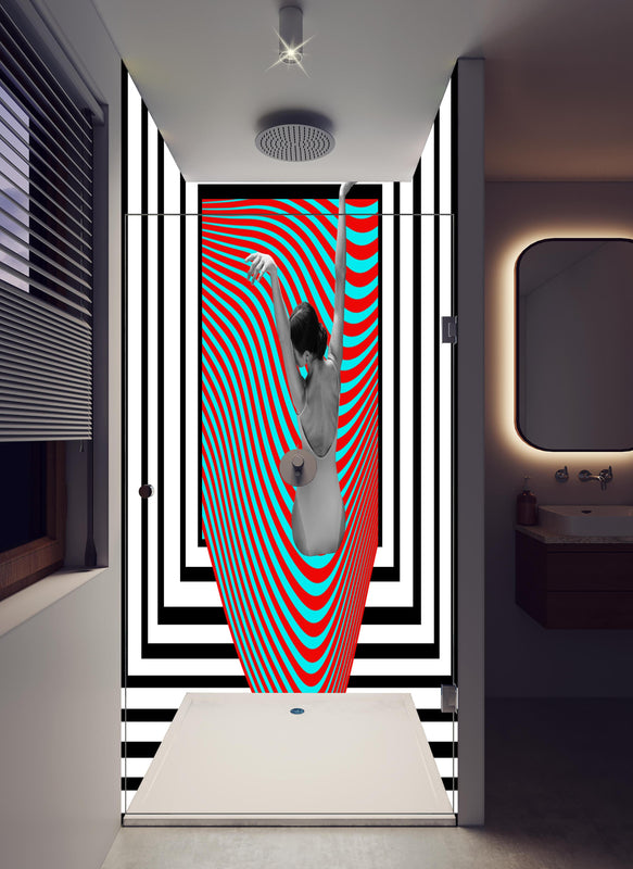 Duschrückwand - ästhetische Kunstkollage mit Model in hellem Badezimmer mit Regenduschkopf  - zweiteilige Eck-Duschrückwand