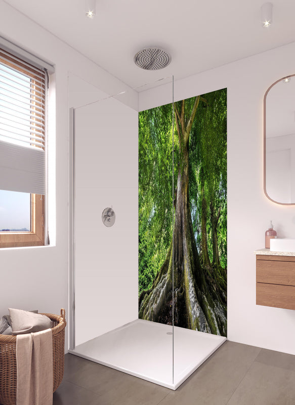 Duschrückwand - großer alter Baum in Froschperspektive in hellem Badezimmer mit Regenduschkopf  - zweiteilige Eck-Duschrückwand