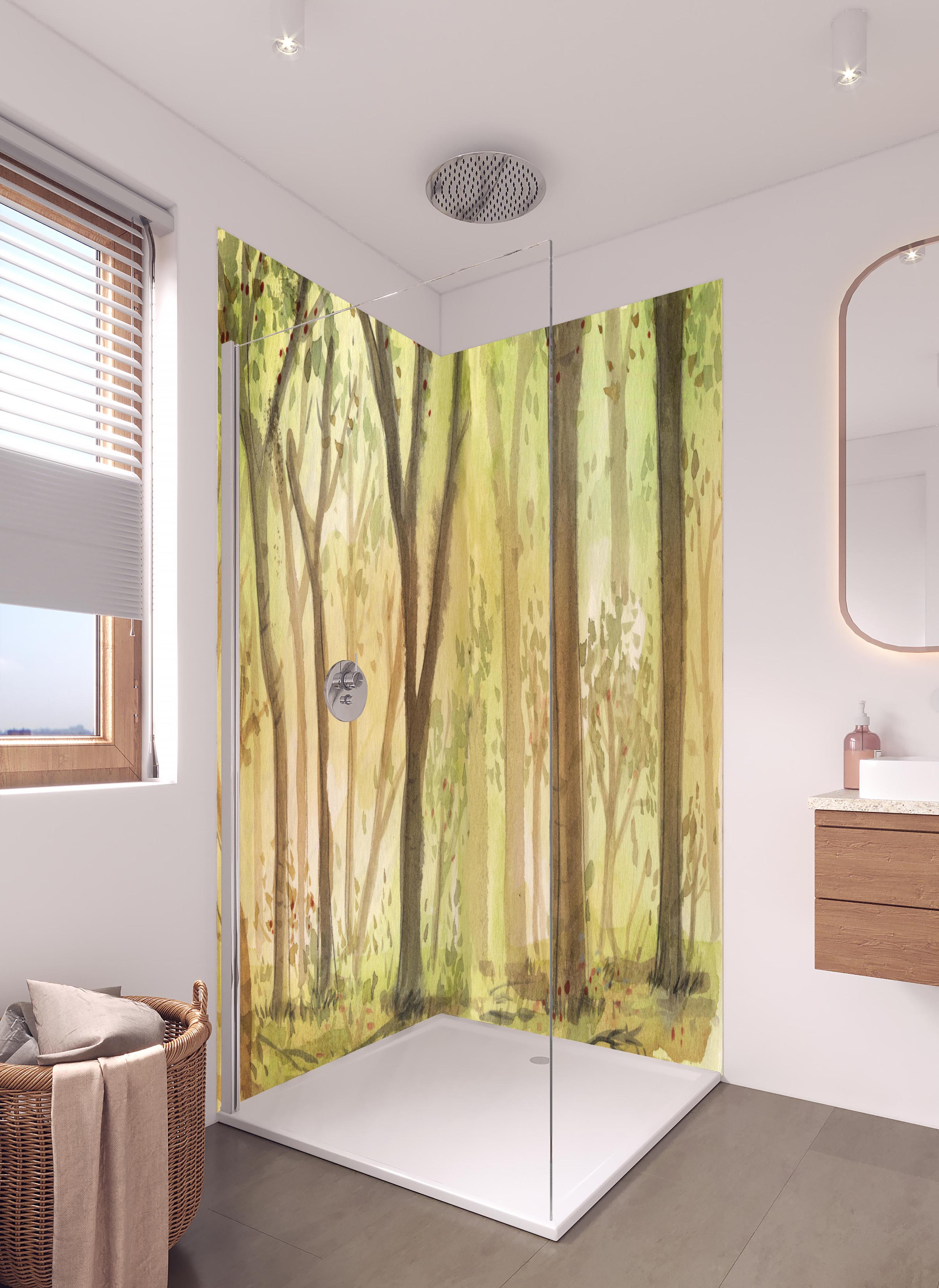 Duschrückwand - heller Aquarell Wald  in hellem Badezimmer mit Regenduschkopf  - zweiteilige Eck-Duschrückwand