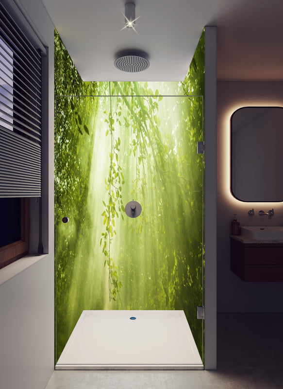Duschrückwand - mystischer Grüner Wald mit Sonnenstrahl in hellem Badezimmer mit Regenduschkopf  - zweiteilige Eck-Duschrückwand