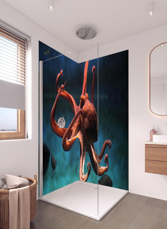 Duschrückwand - rötlicher Oktopus Unterwasser  in hellem Badezimmer mit Regenduschkopf  - zweiteilige Eck-Duschrückwand