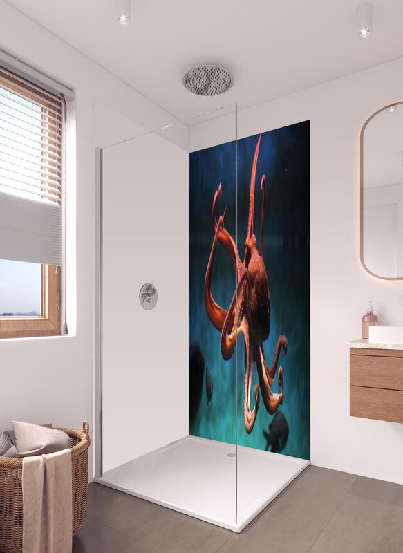 Duschrückwand - rötlicher Oktopus Unterwasser  in hellem Badezimmer mit Regenduschkopf  - zweiteilige Eck-Duschrückwand
