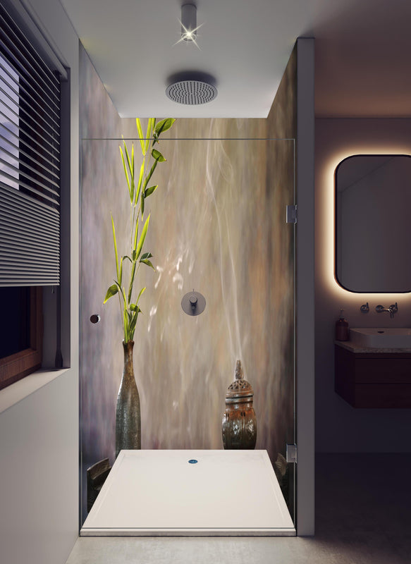 Duschrückwand - spirituelles Spa-Stillleben in hellem Badezimmer mit Regenduschkopf  - zweiteilige Eck-Duschrückwand