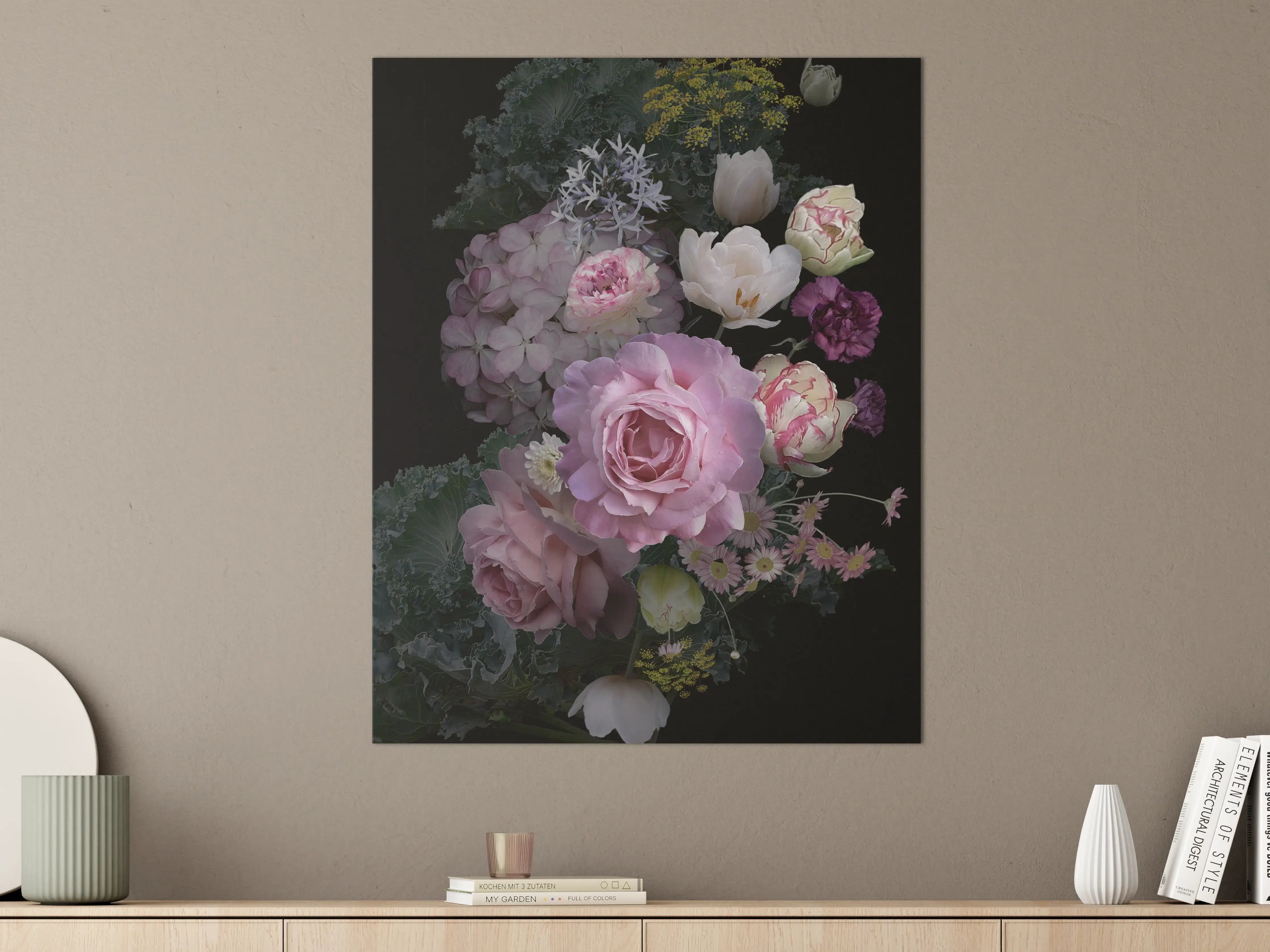 Große Wandbilder -  Garten Blumen mit dunklem Hintergrund