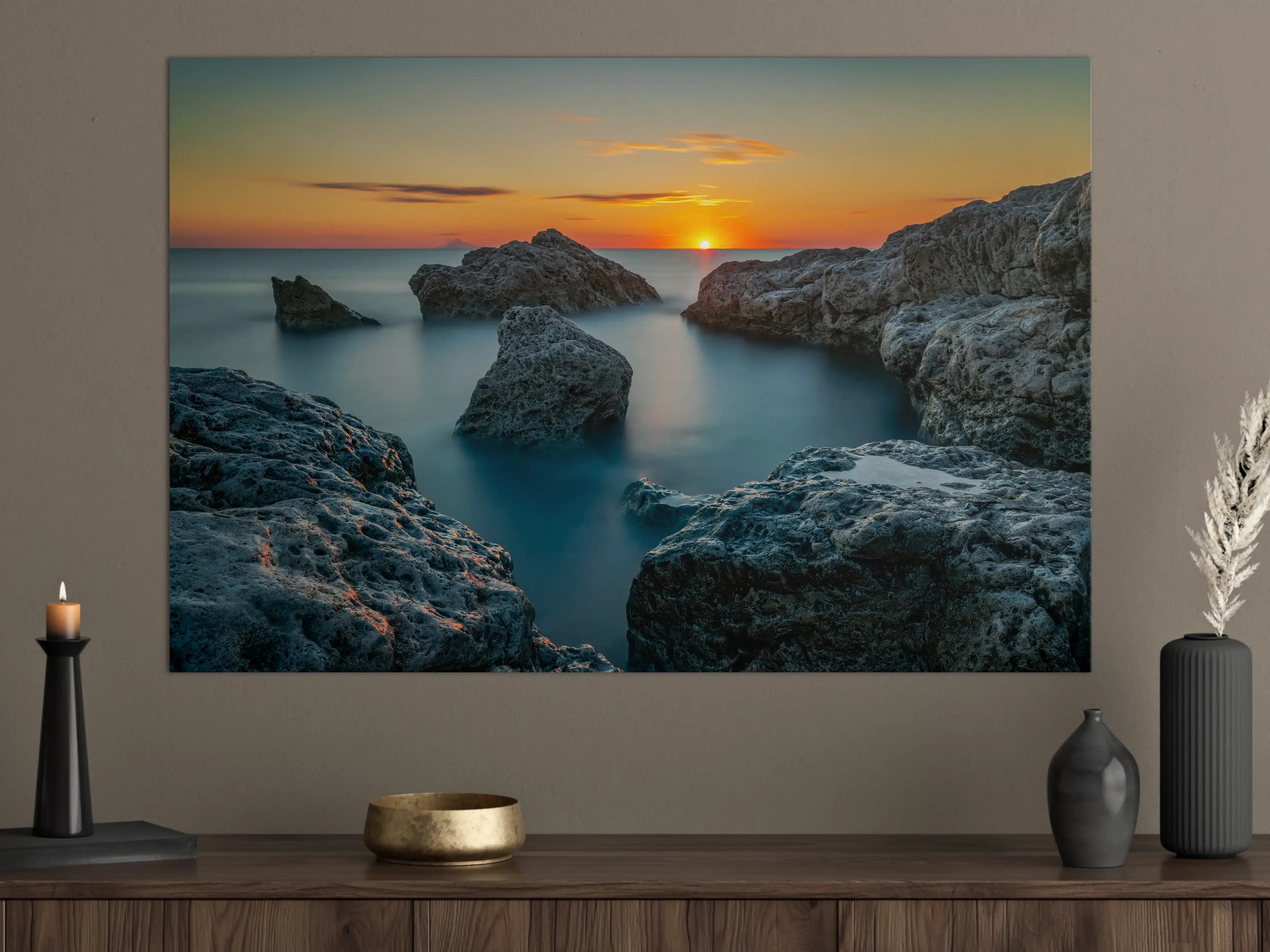 Große Wandbilder - Abendlicher Sonnenuntergang über Felsen
