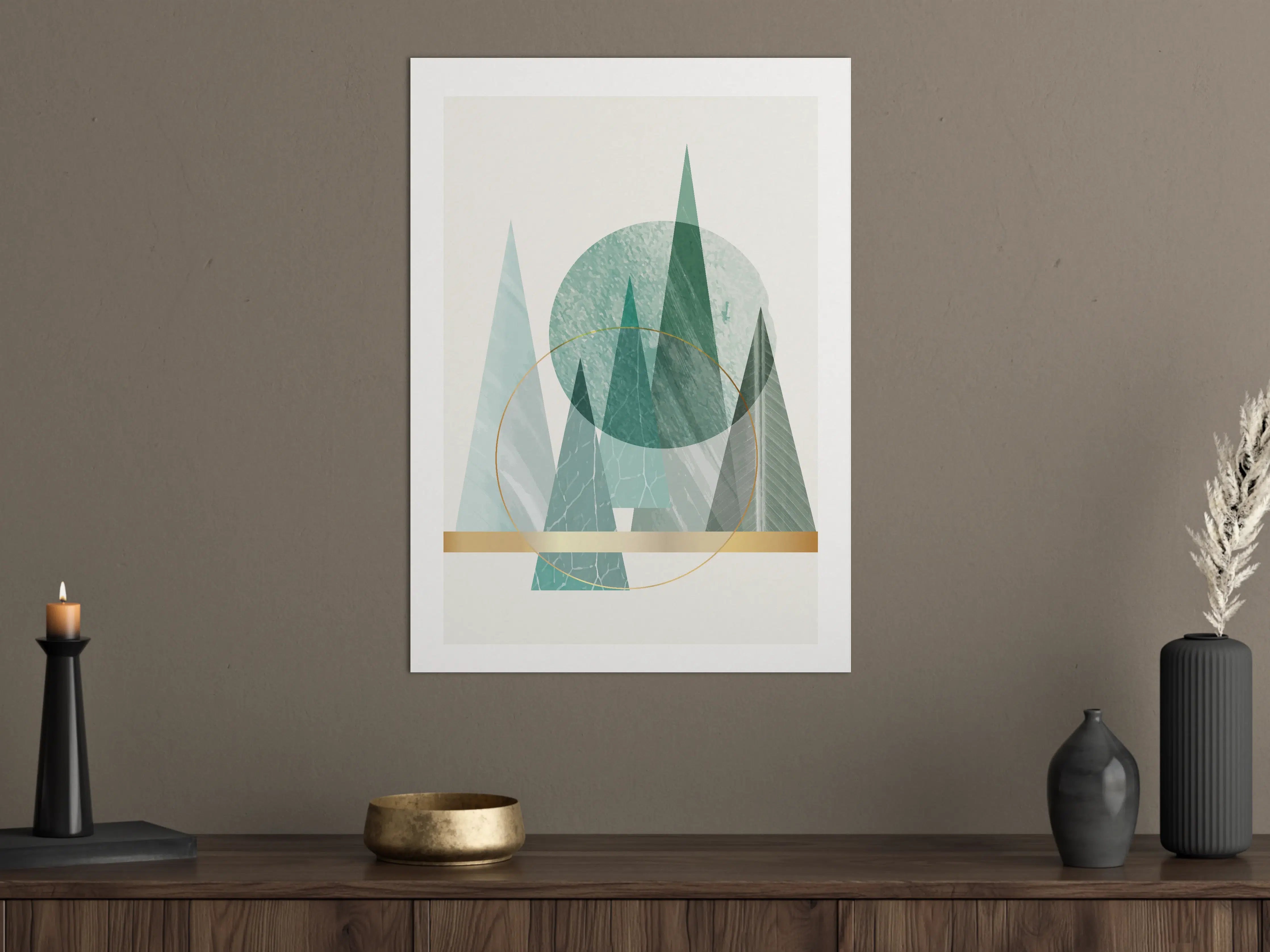 Große Wandbilder - Abstrakte Berglandschaft in Blau-Grüntönen mit Goldakzent