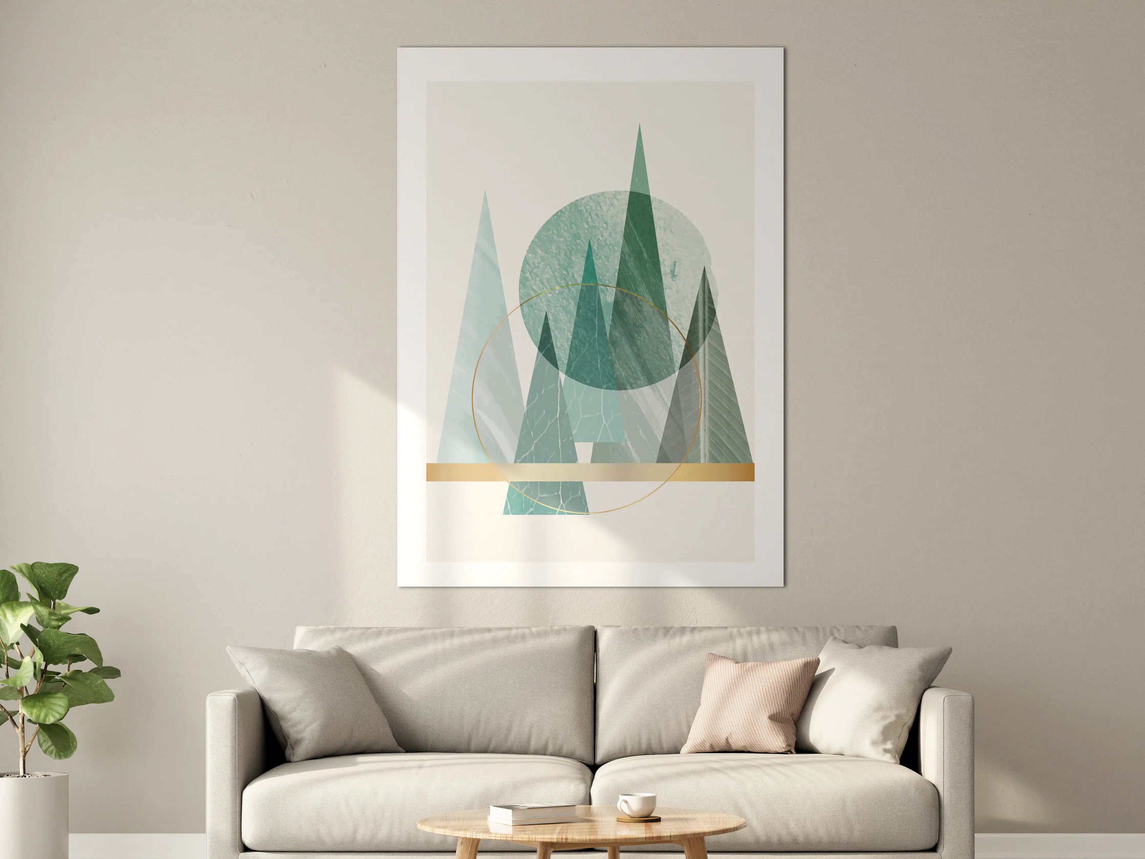 Große Wandbilder - Abstrakte Berglandschaft in Blau-Grüntönen mit Goldakzent