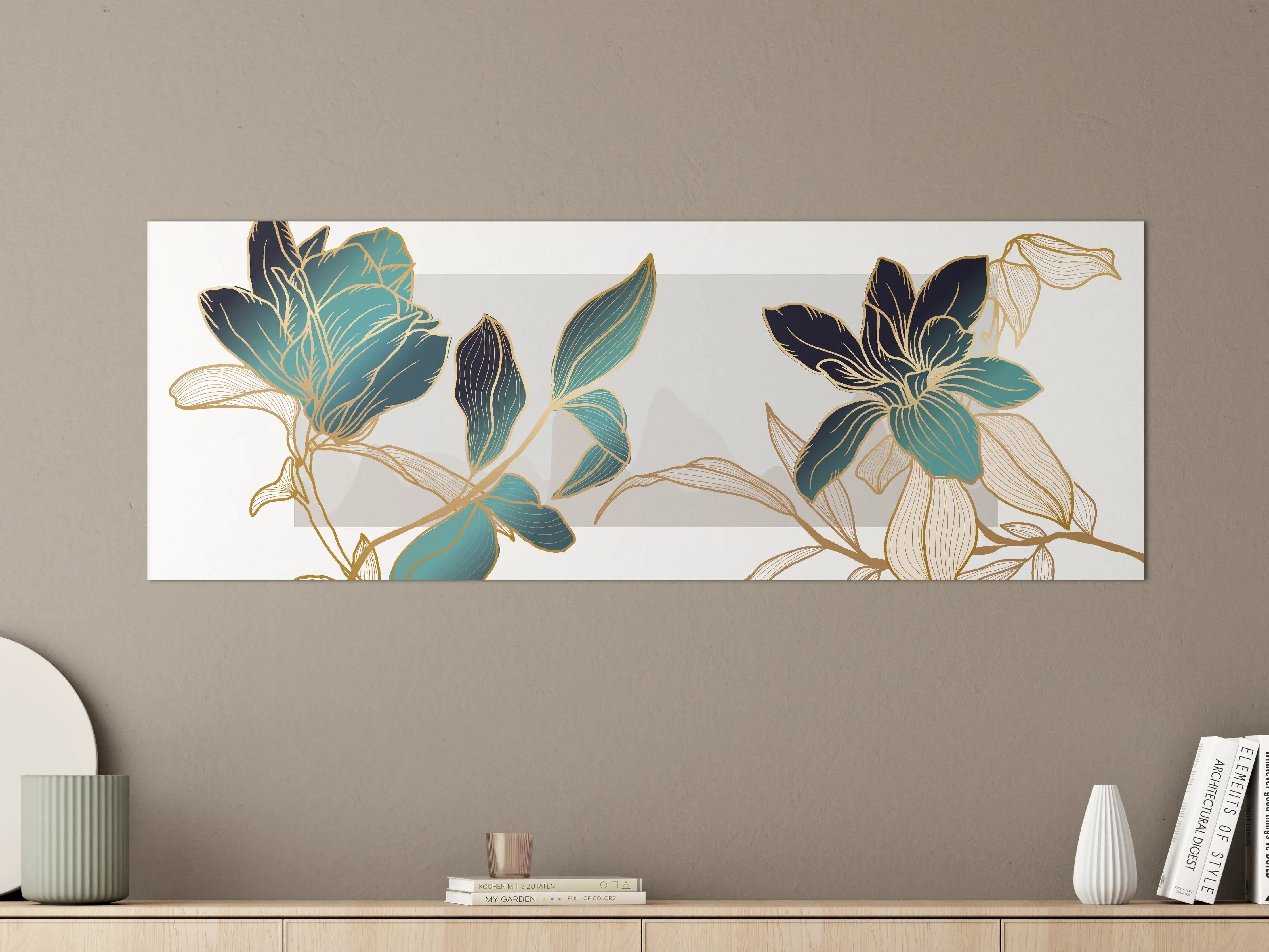 Große Wandbilder - Abstrakte Blumen Gold-Blau Illustration