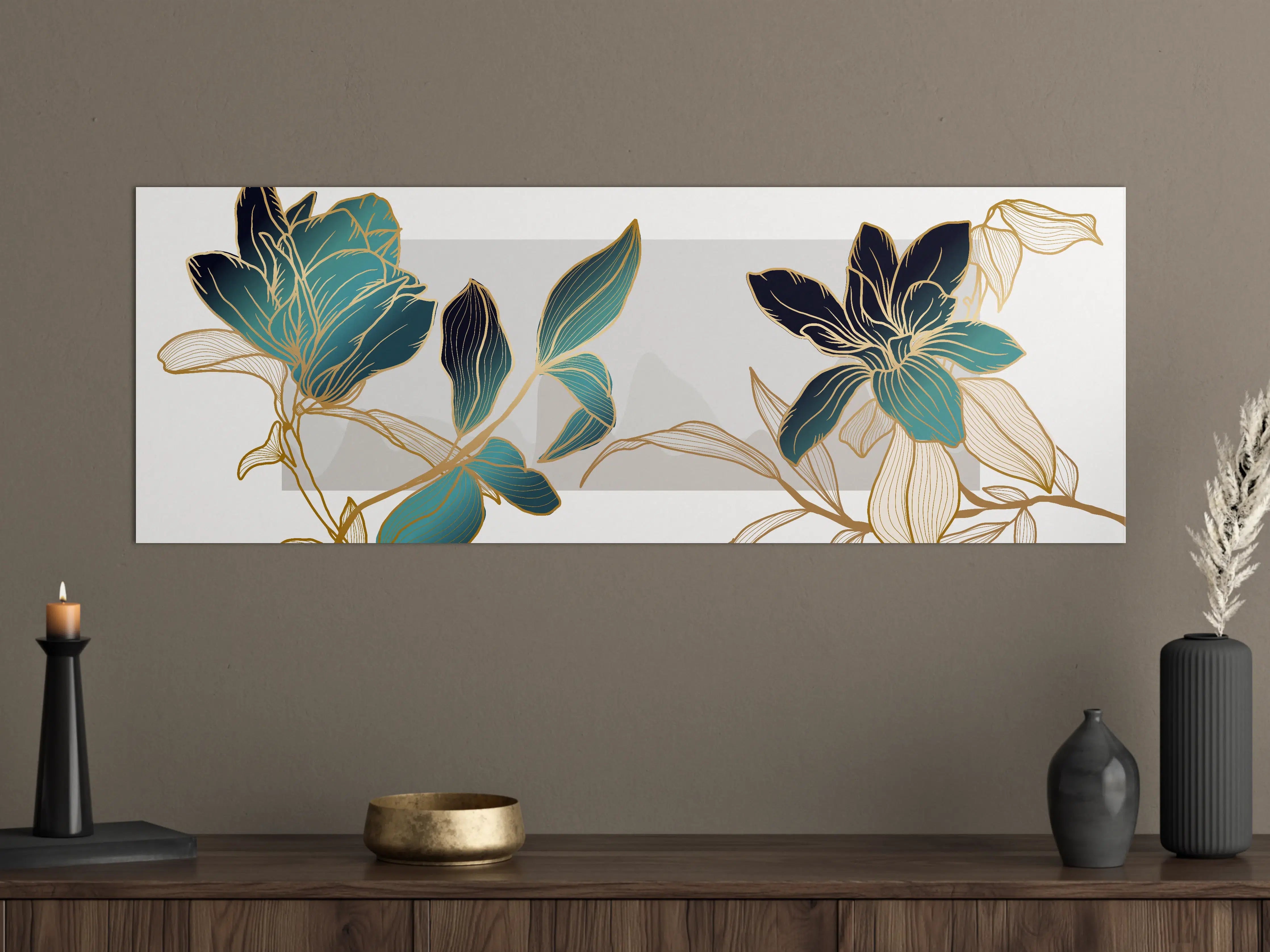 Große Wandbilder - Abstrakte Blumen Gold-Blau Illustration