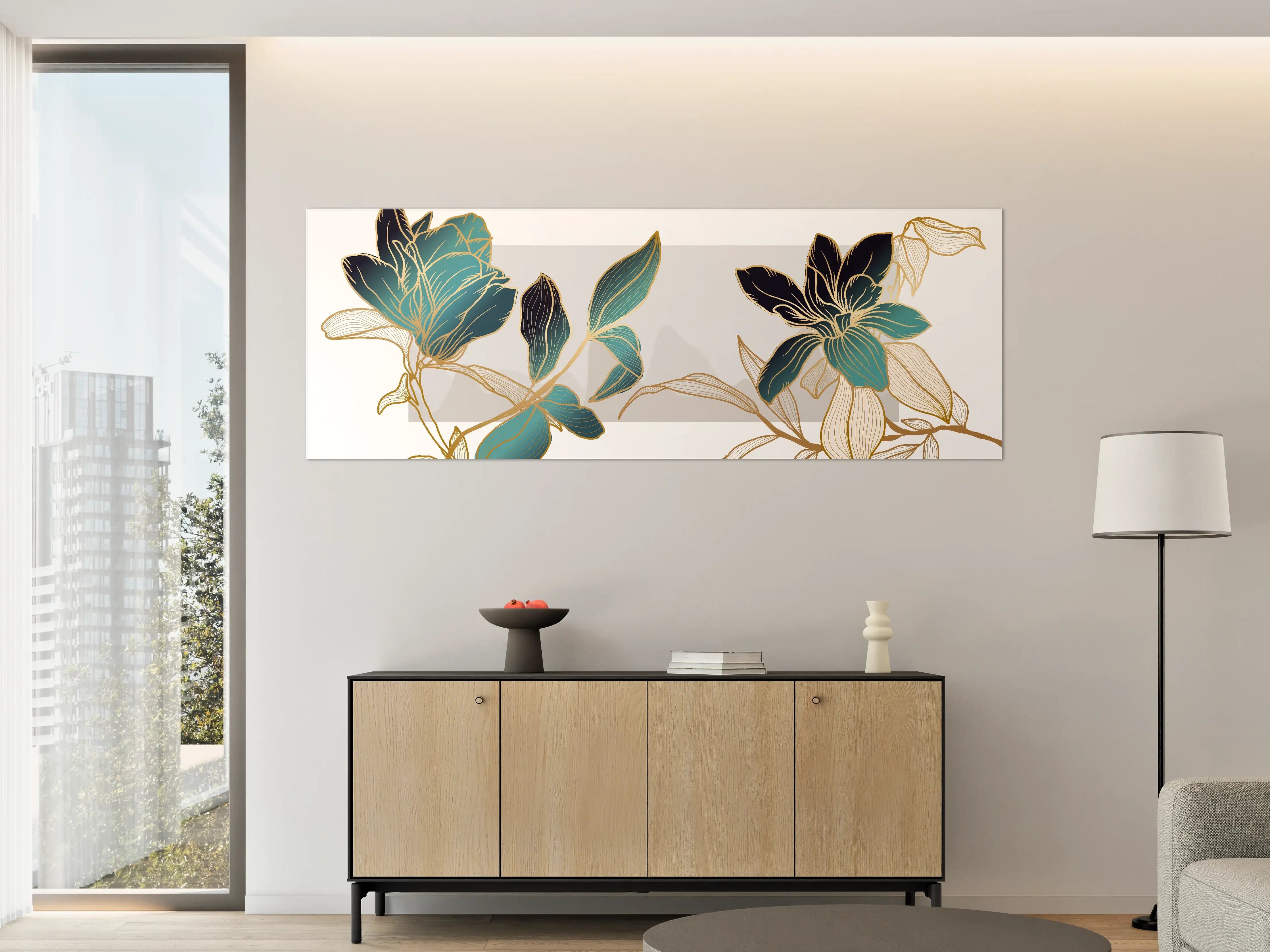 Große Wandbilder - Abstrakte Blumen Gold-Blau Illustration