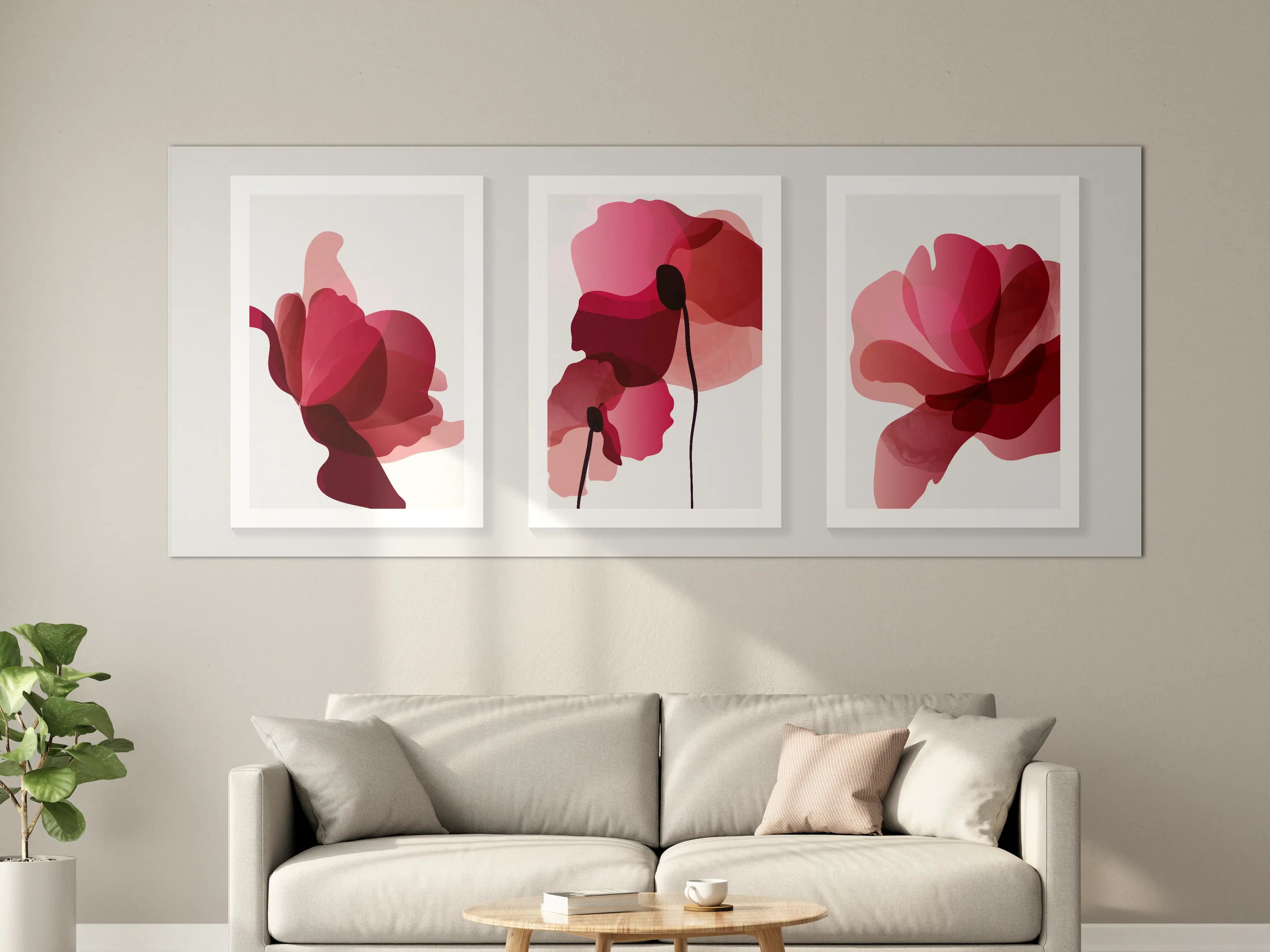 Große Wandbilder - Abstrakte Blumen Triptychon Rot