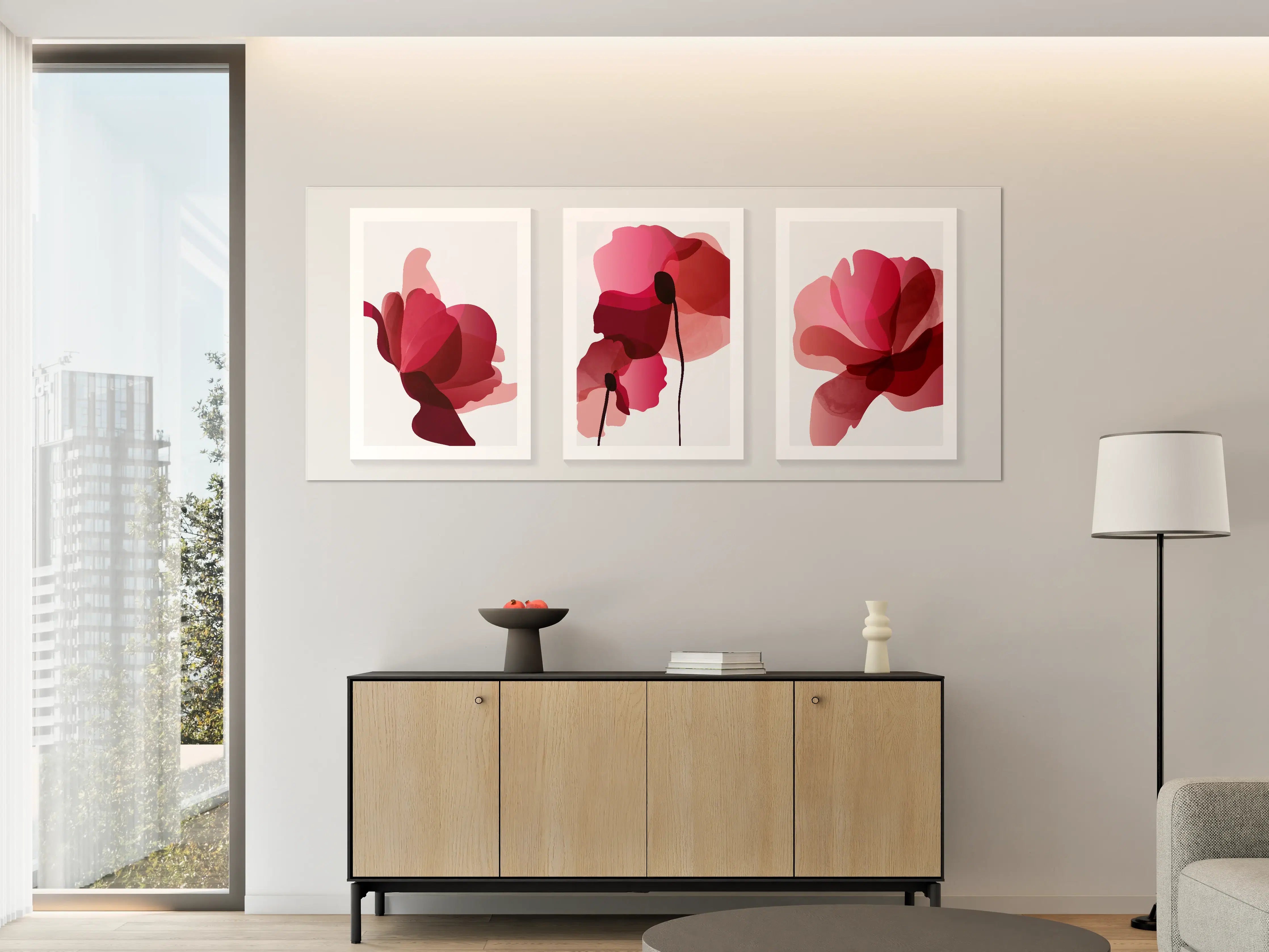 Große Wandbilder - Abstrakte Blumen Triptychon Rot