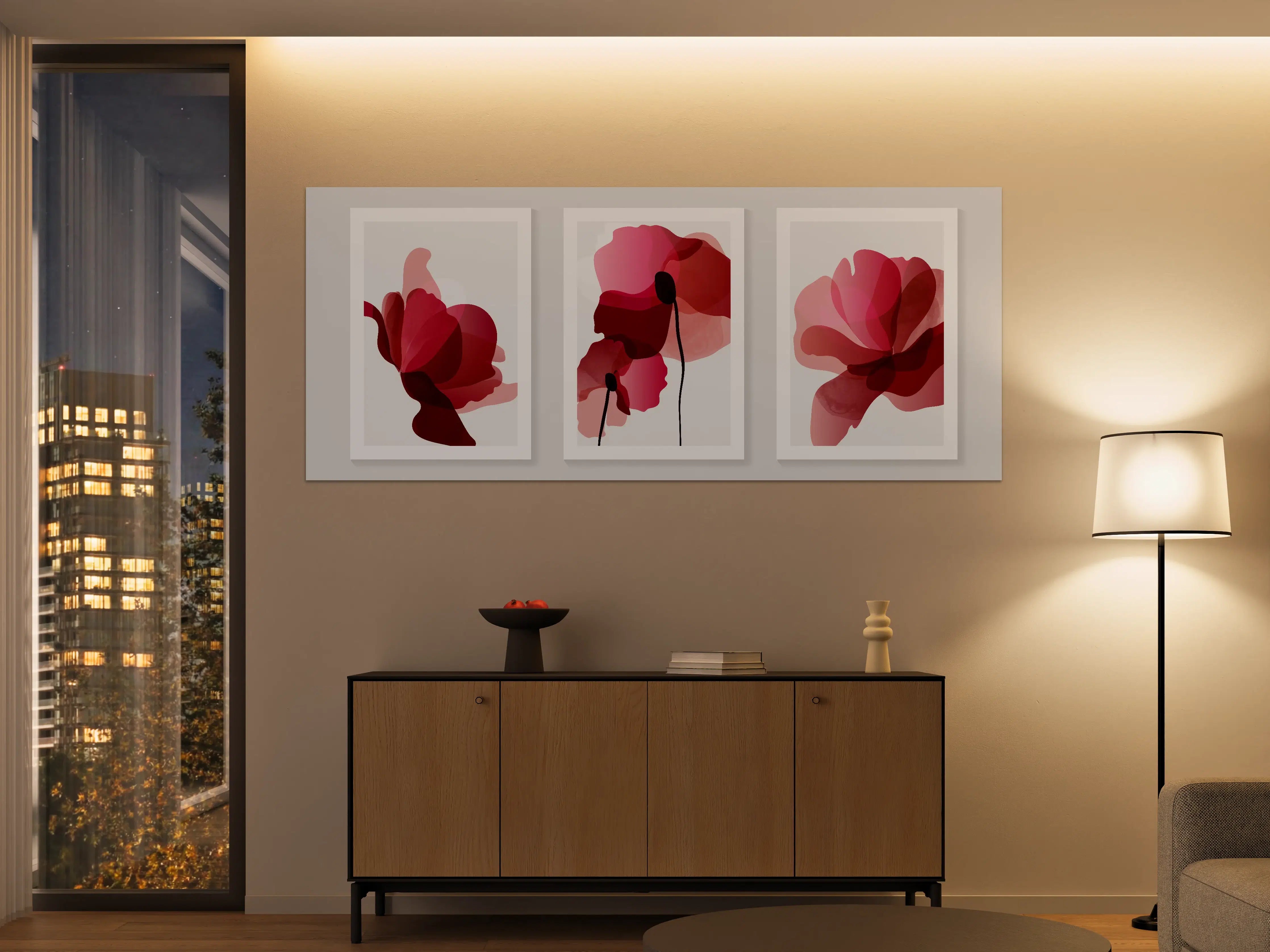 Große Wandbilder - Abstrakte Blumen Triptychon Rot