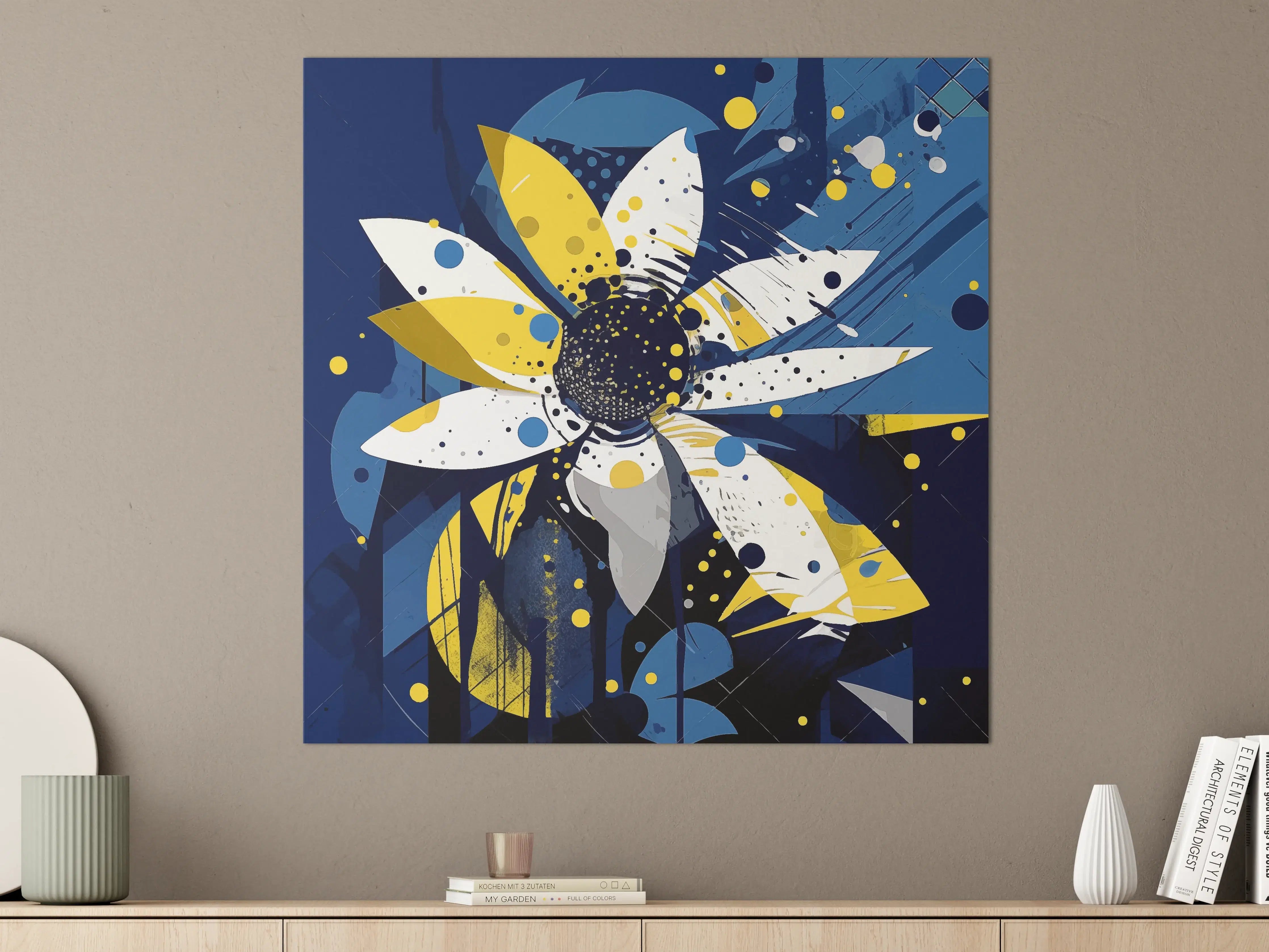 Große Wandbilder - Abstrakte Blumen in Blau und Gelb