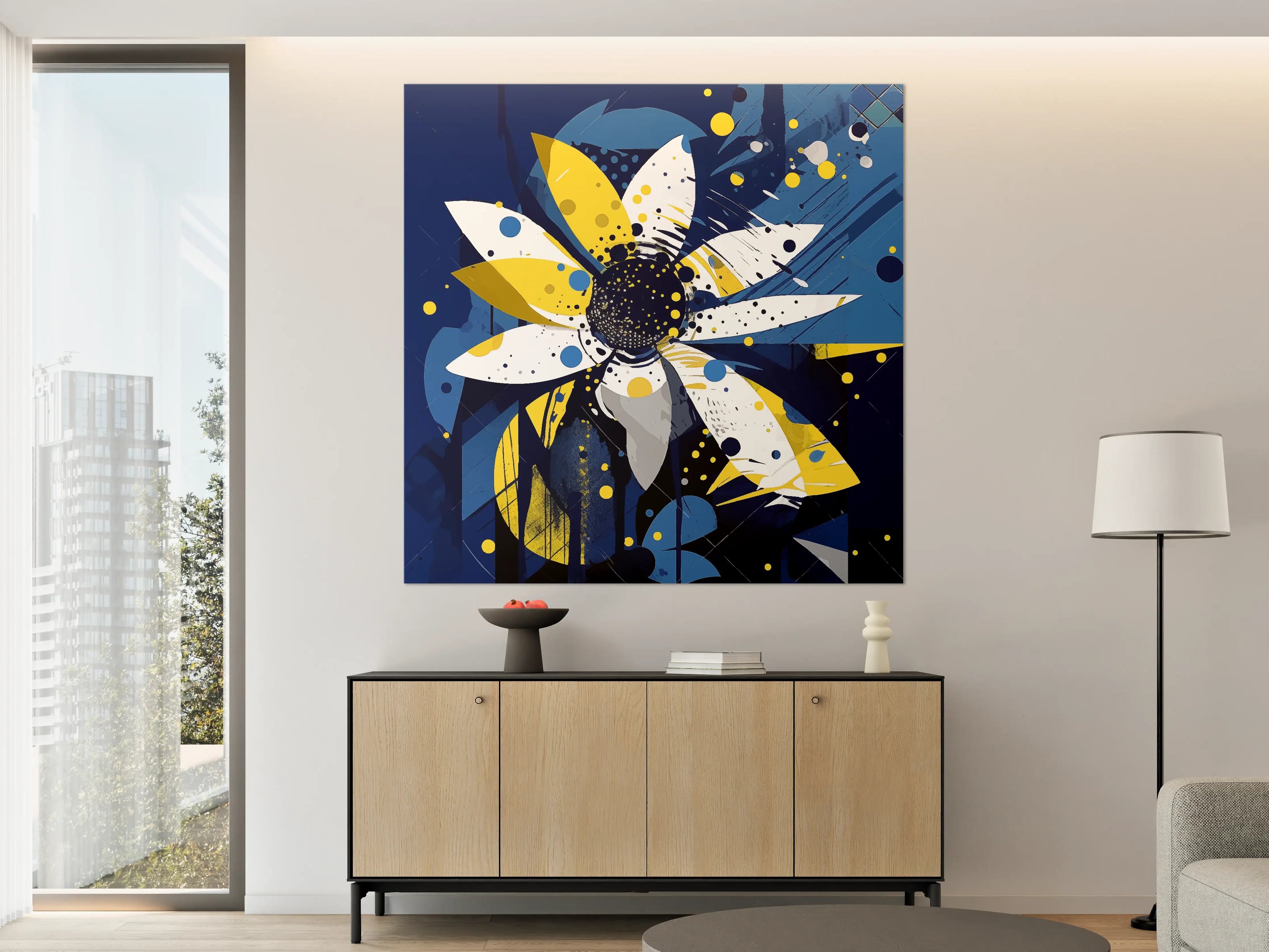 Große Wandbilder - Abstrakte Blumen in Blau und Gelb