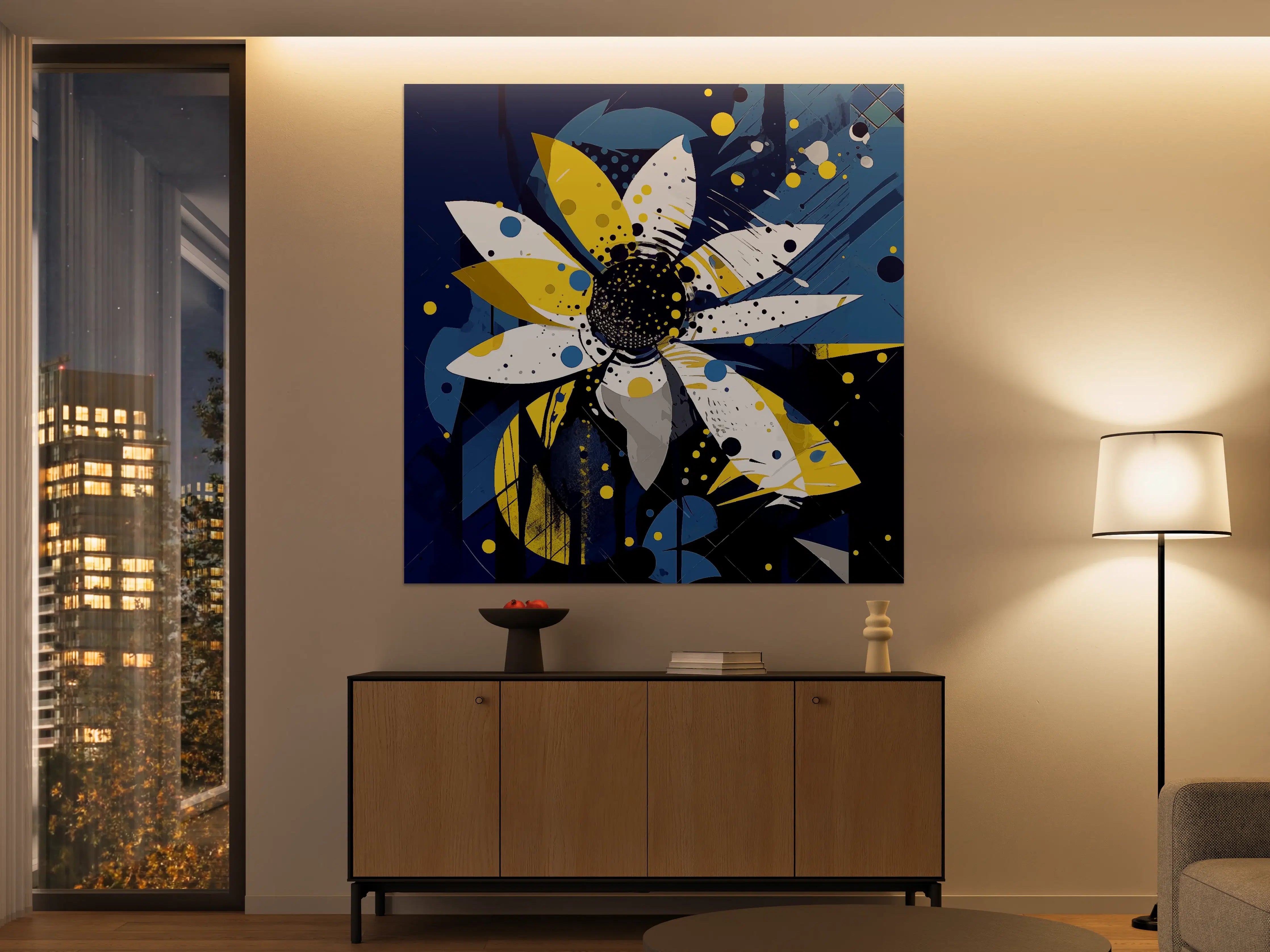 Große Wandbilder - Abstrakte Blumen in Blau und Gelb