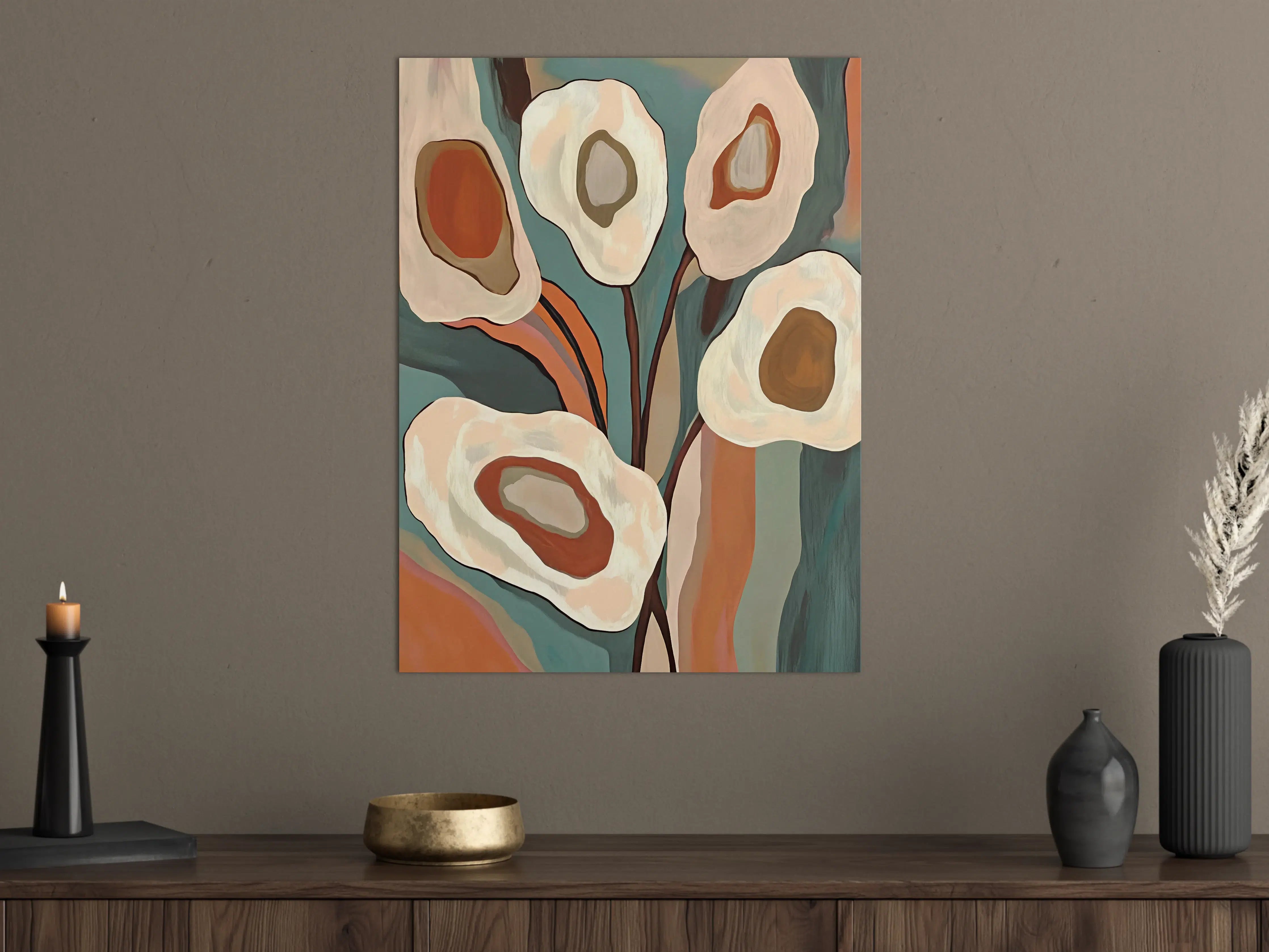 Große Wandbilder - Abstrakte Blumenmalerei in warmen Erdtönen