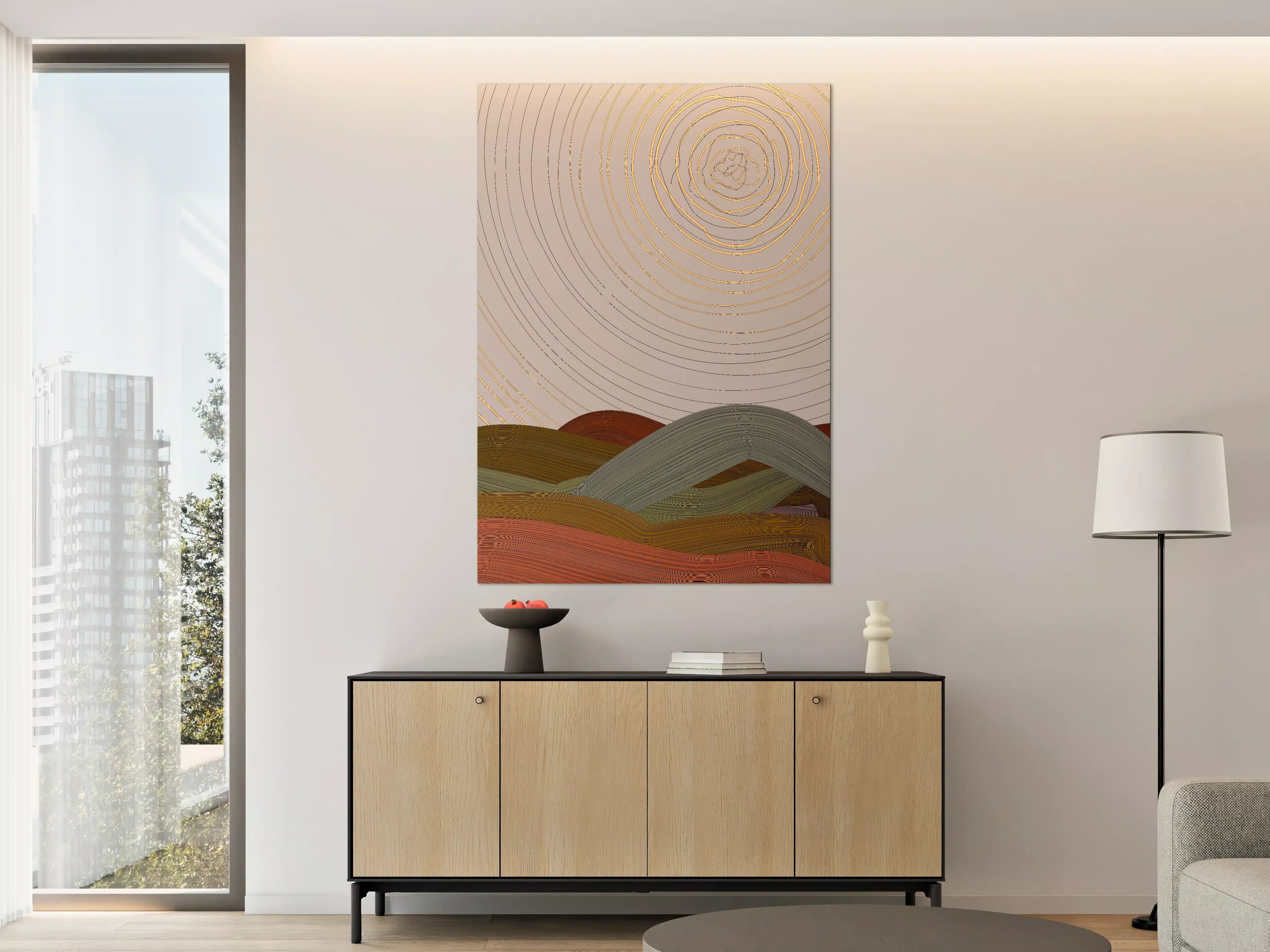 Große Wandbilder - Abstrakte Farbspirale mit harmonischer Landschaft