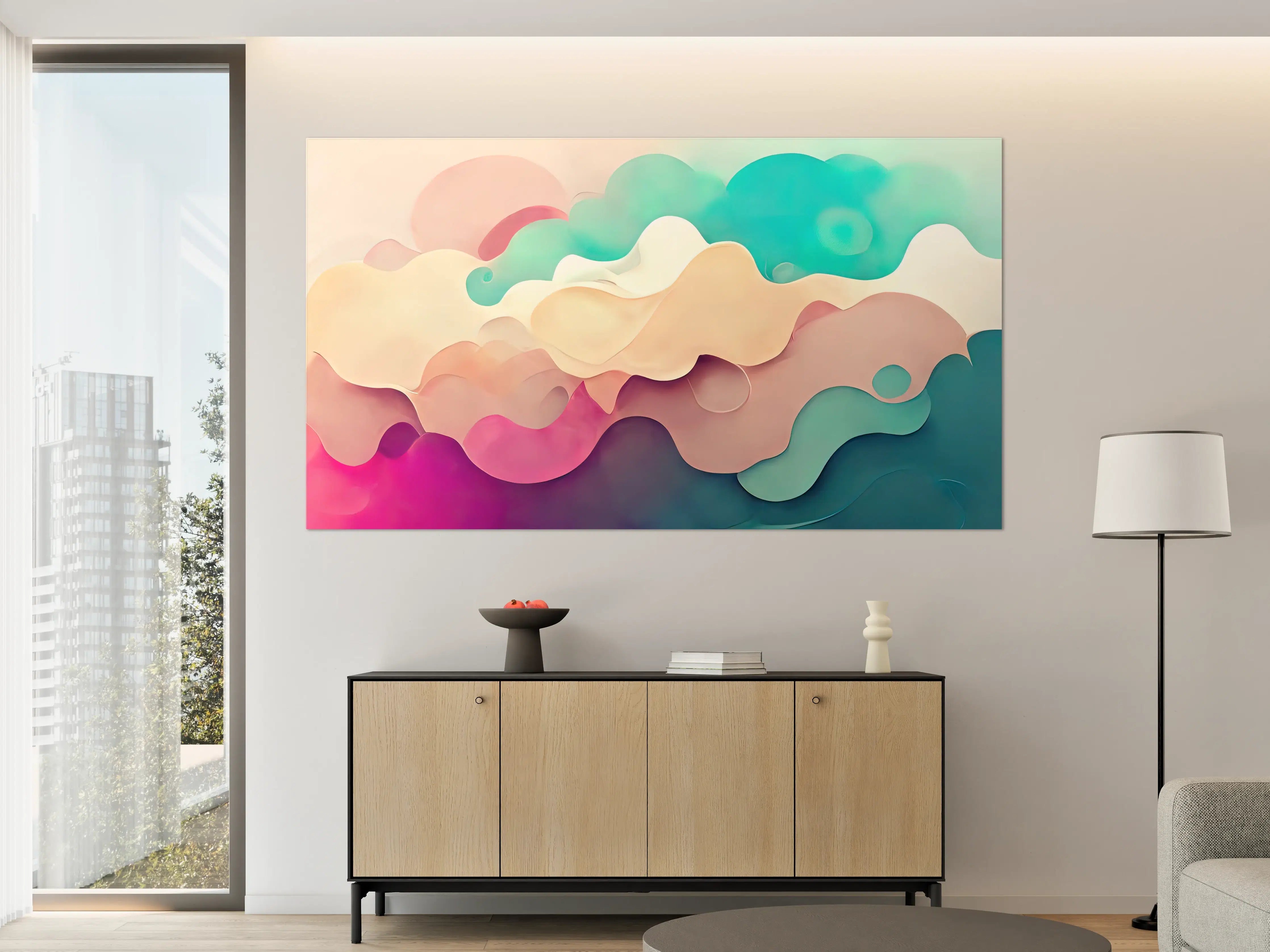 Große Wandbilder - Abstrakte Farbwolken in Pastell- und Türkistönen