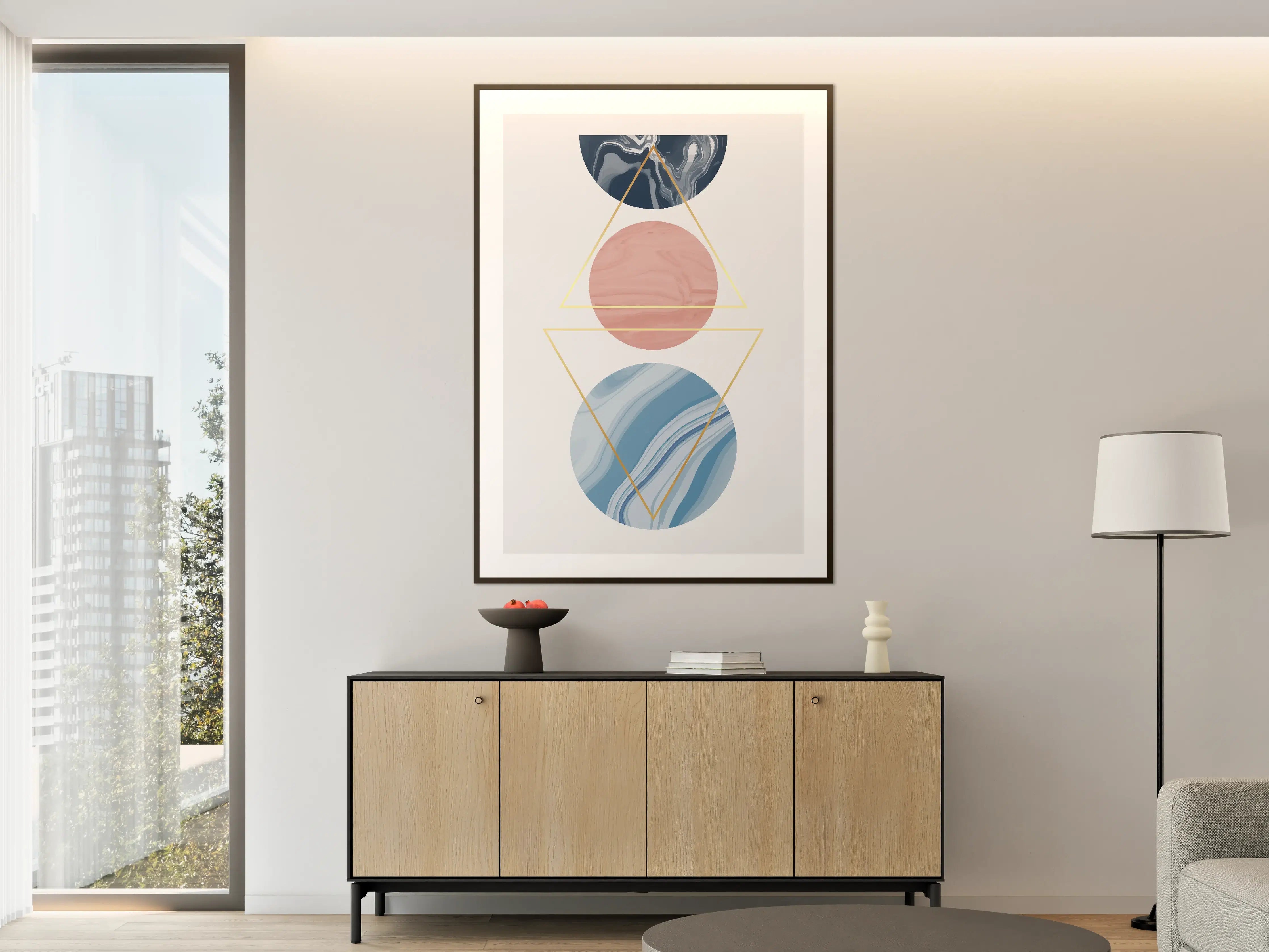 Große Wandbilder - Abstrakte Geometrie in Pastell und Dunkelblau