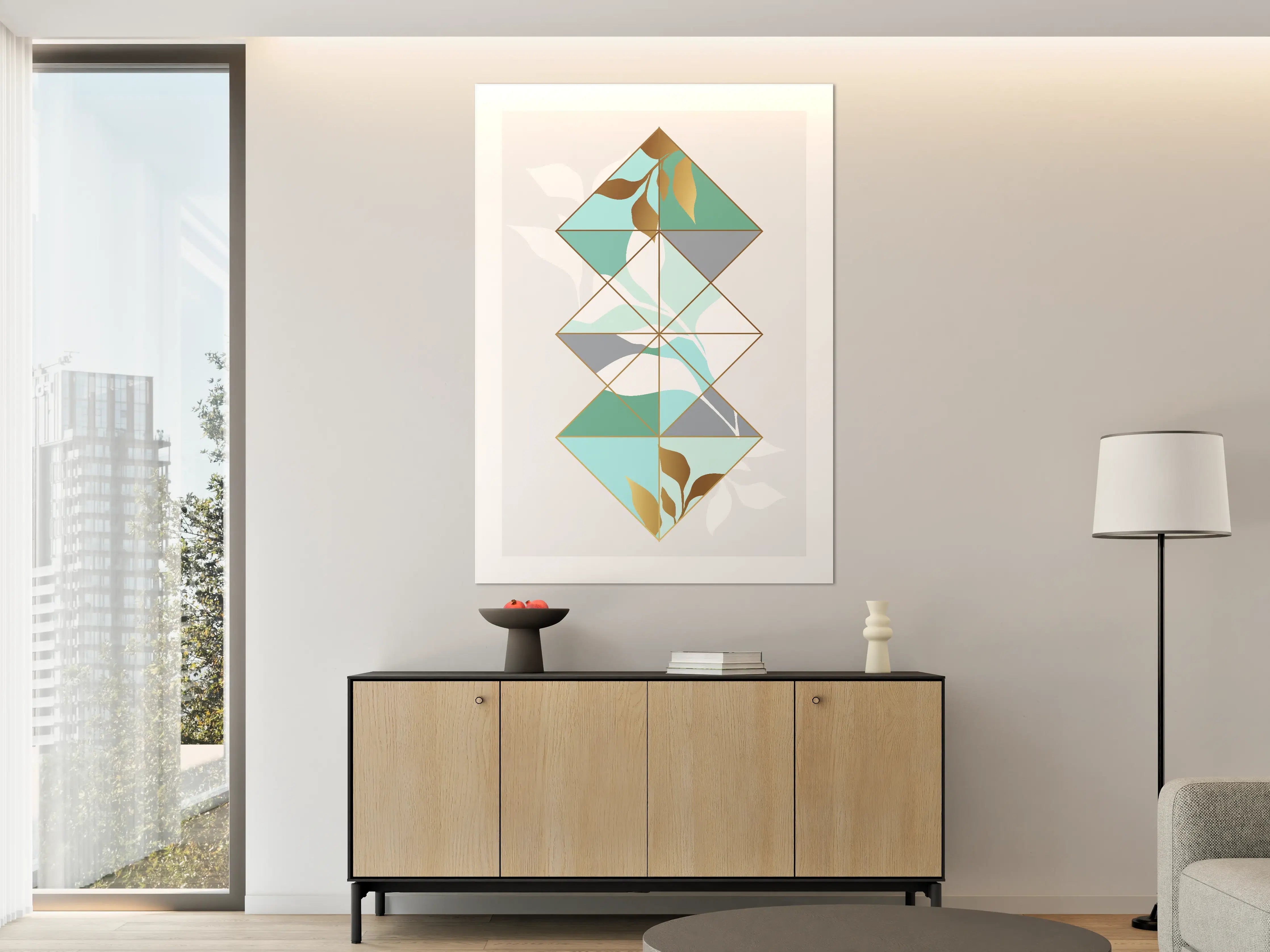 Große Wandbilder - Abstrakte Geometrie mit sanften Blau- und Erdtönen