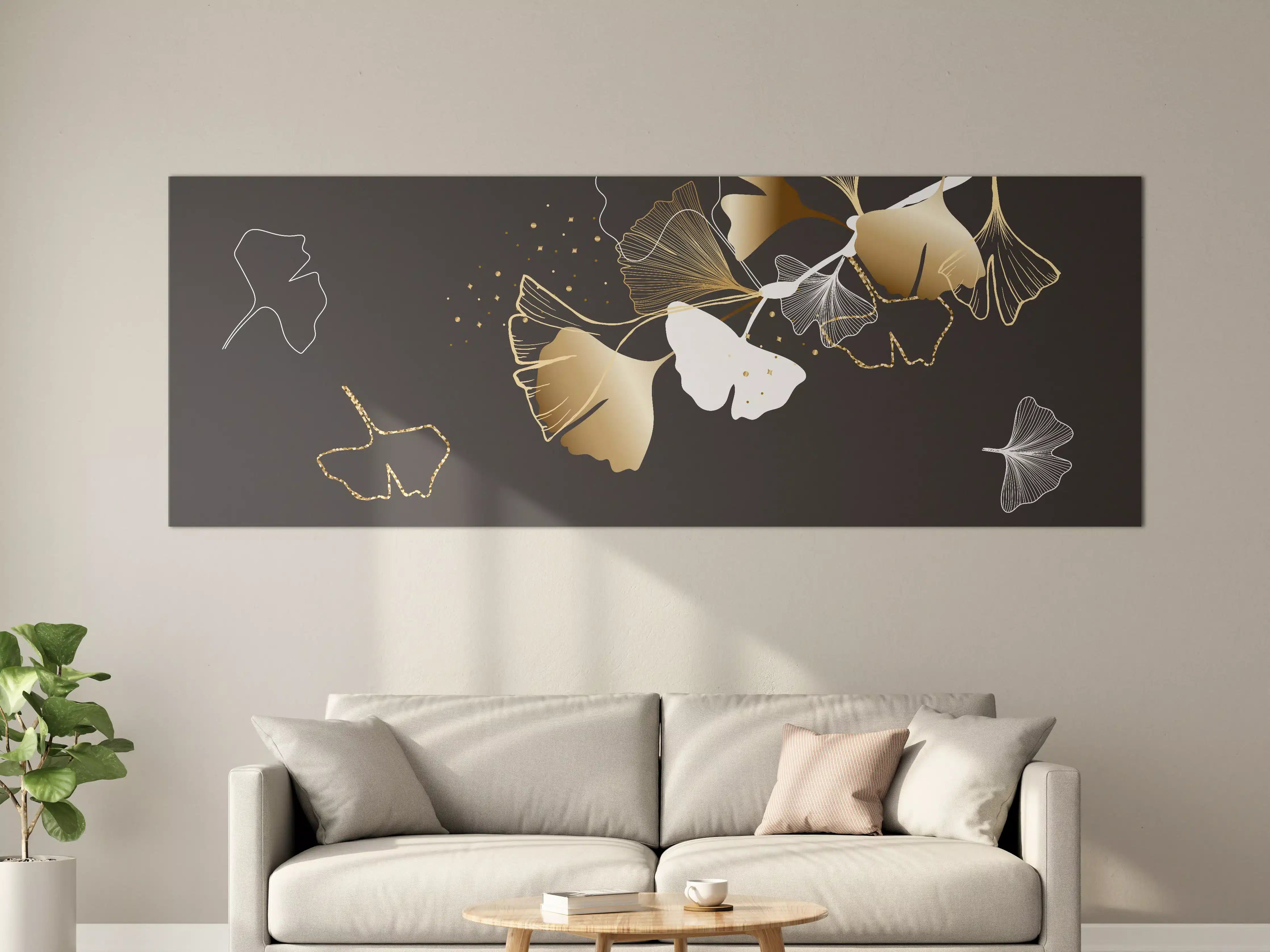 Große Wandbilder - Abstrakte Ginkgo Muster Gold Schwarz