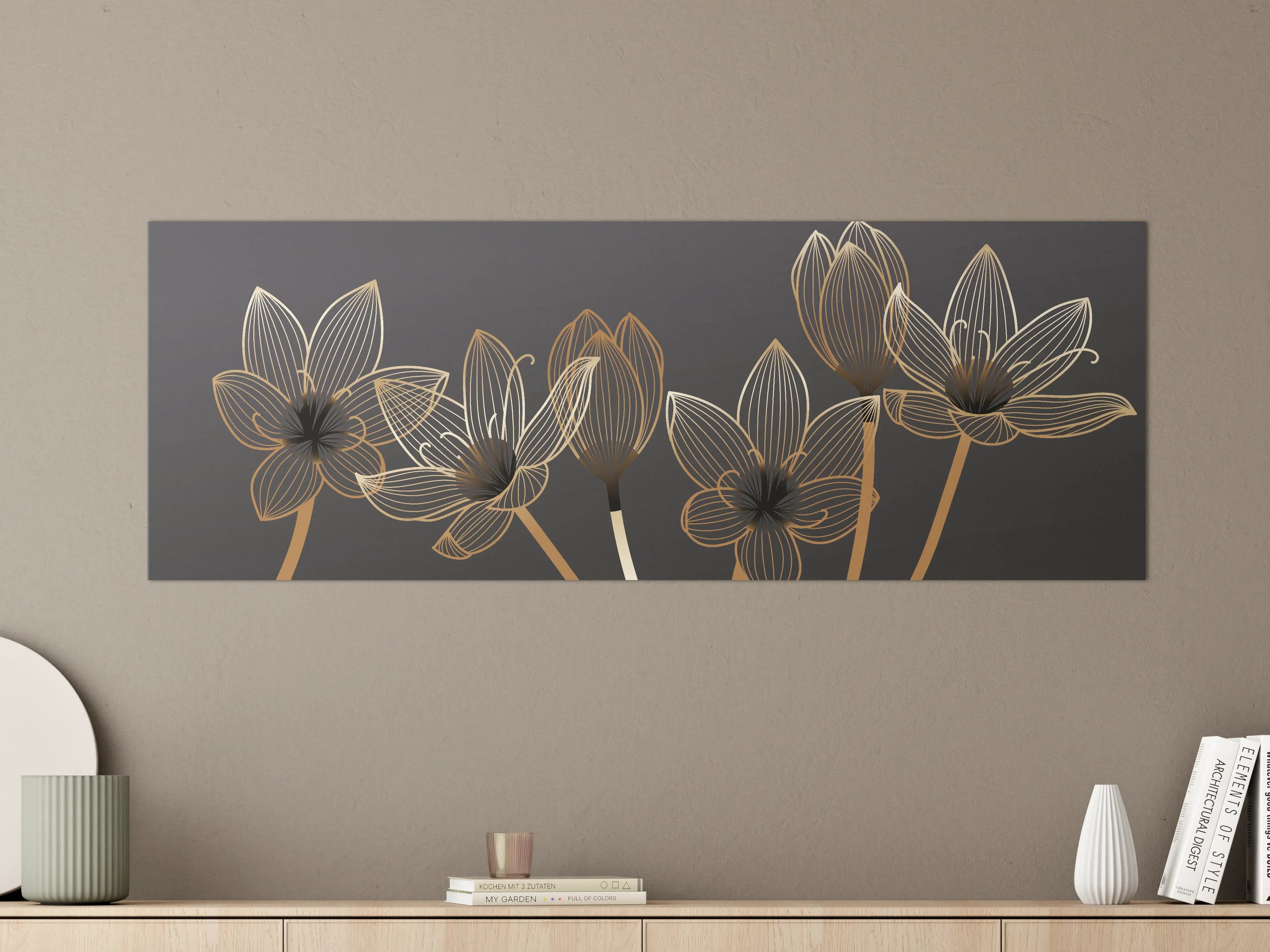 Große Wandbilder - Abstrakte Gold-Schwarz Blumen Linienart