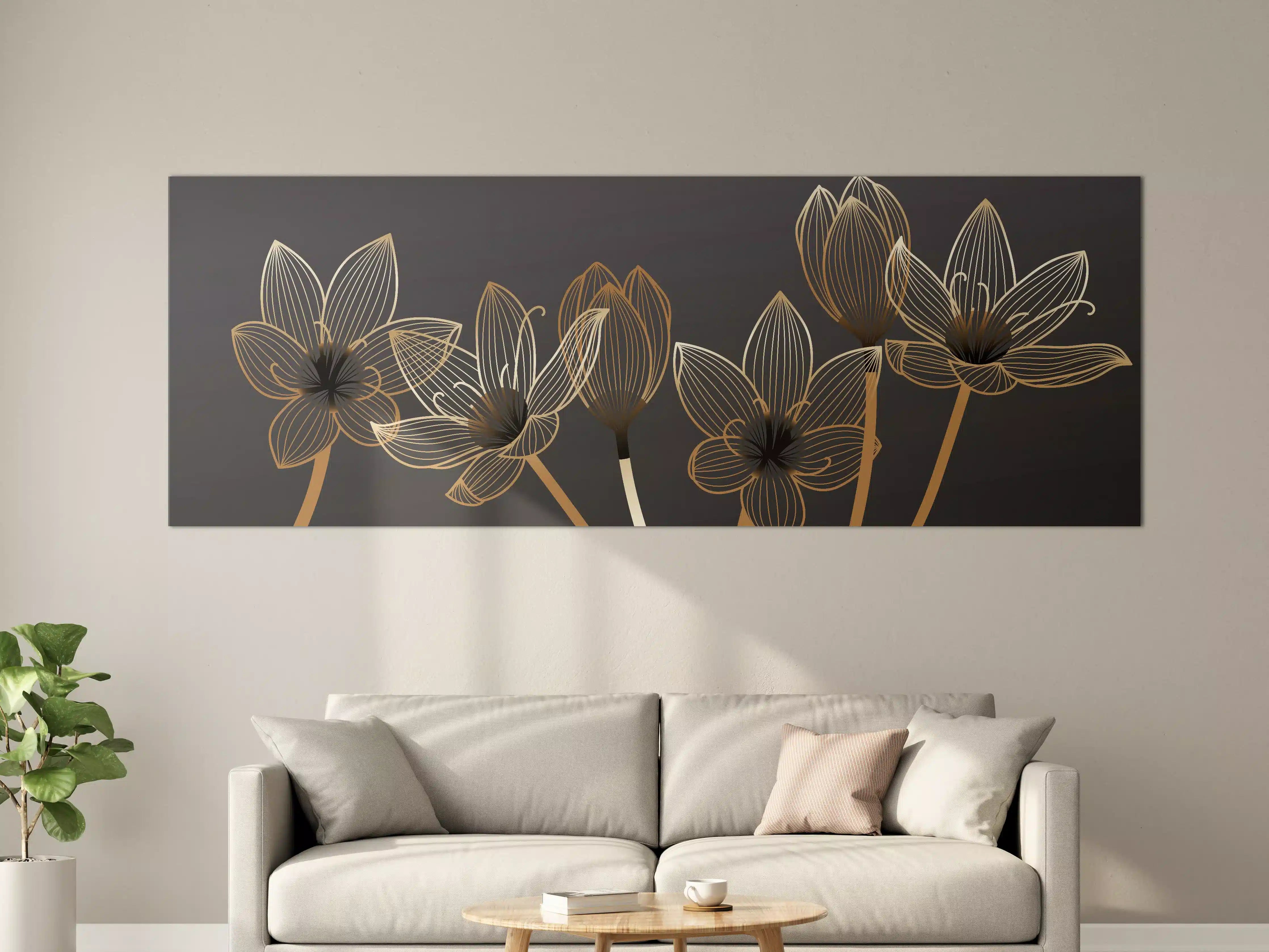 Große Wandbilder - Abstrakte Gold-Schwarz Blumen Linienart