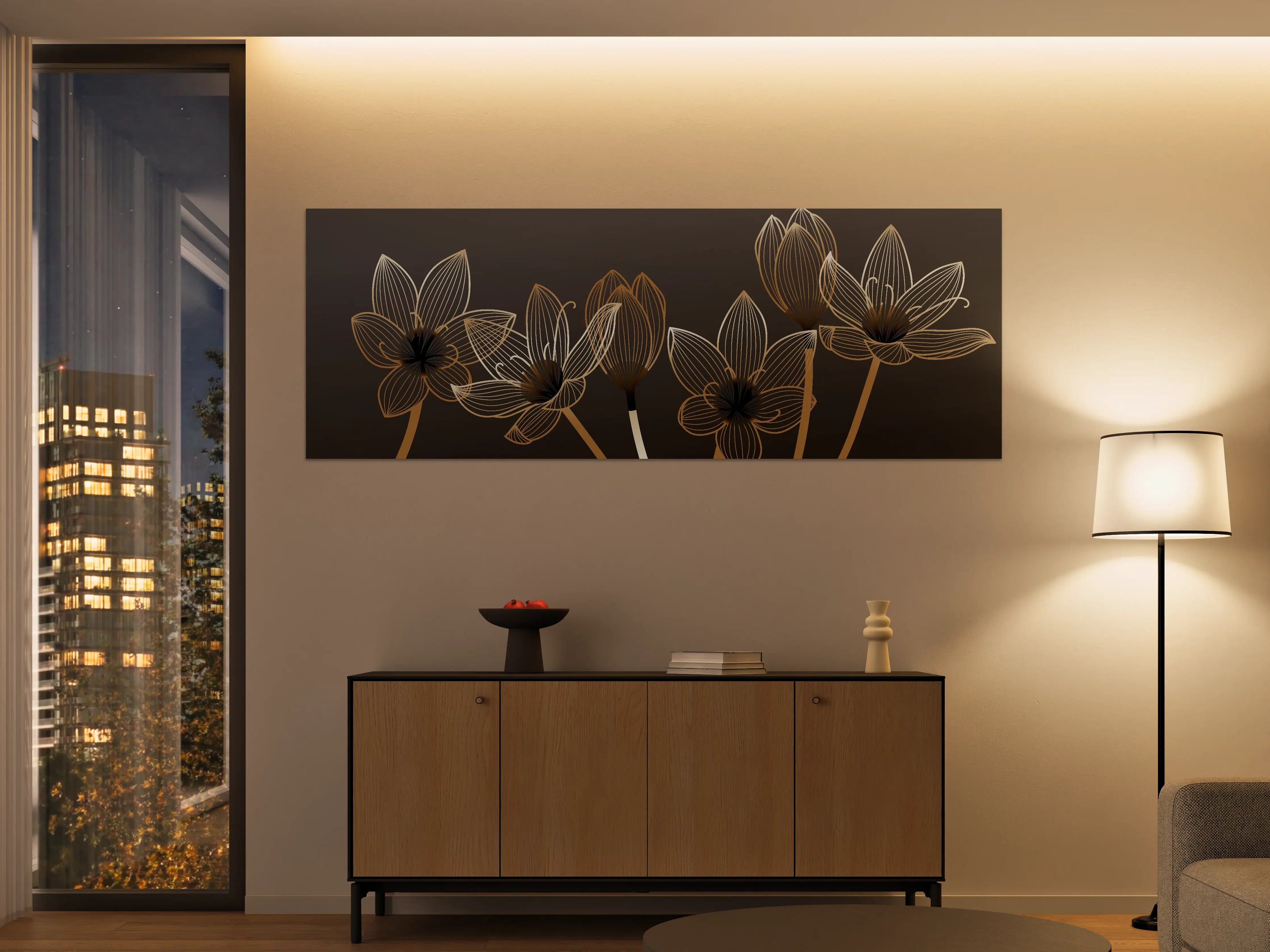 Große Wandbilder - Abstrakte Gold-Schwarz Blumen Linienart