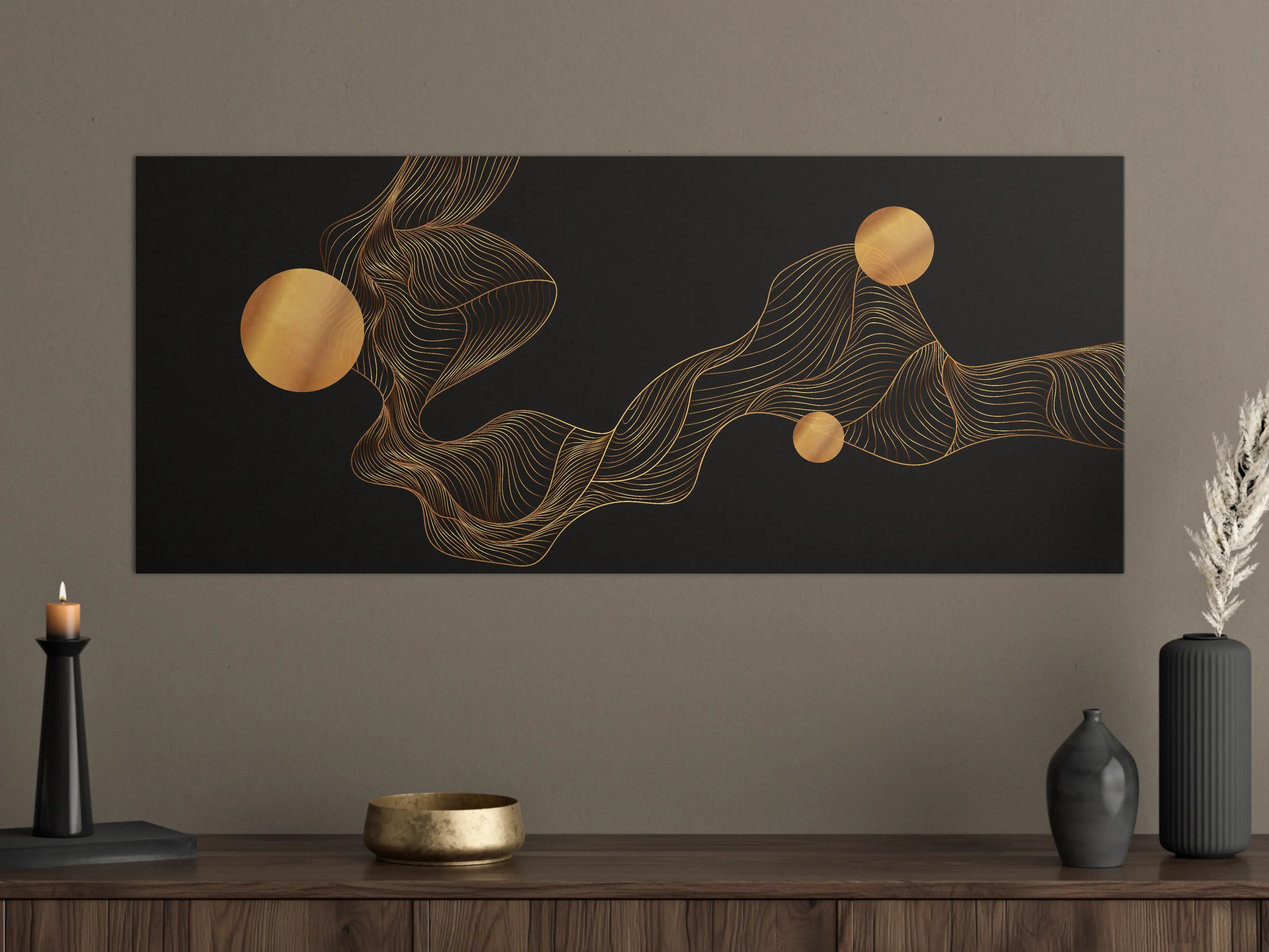 Große Wandbilder - Abstrakte Gold-Schwarz Linienkunst
