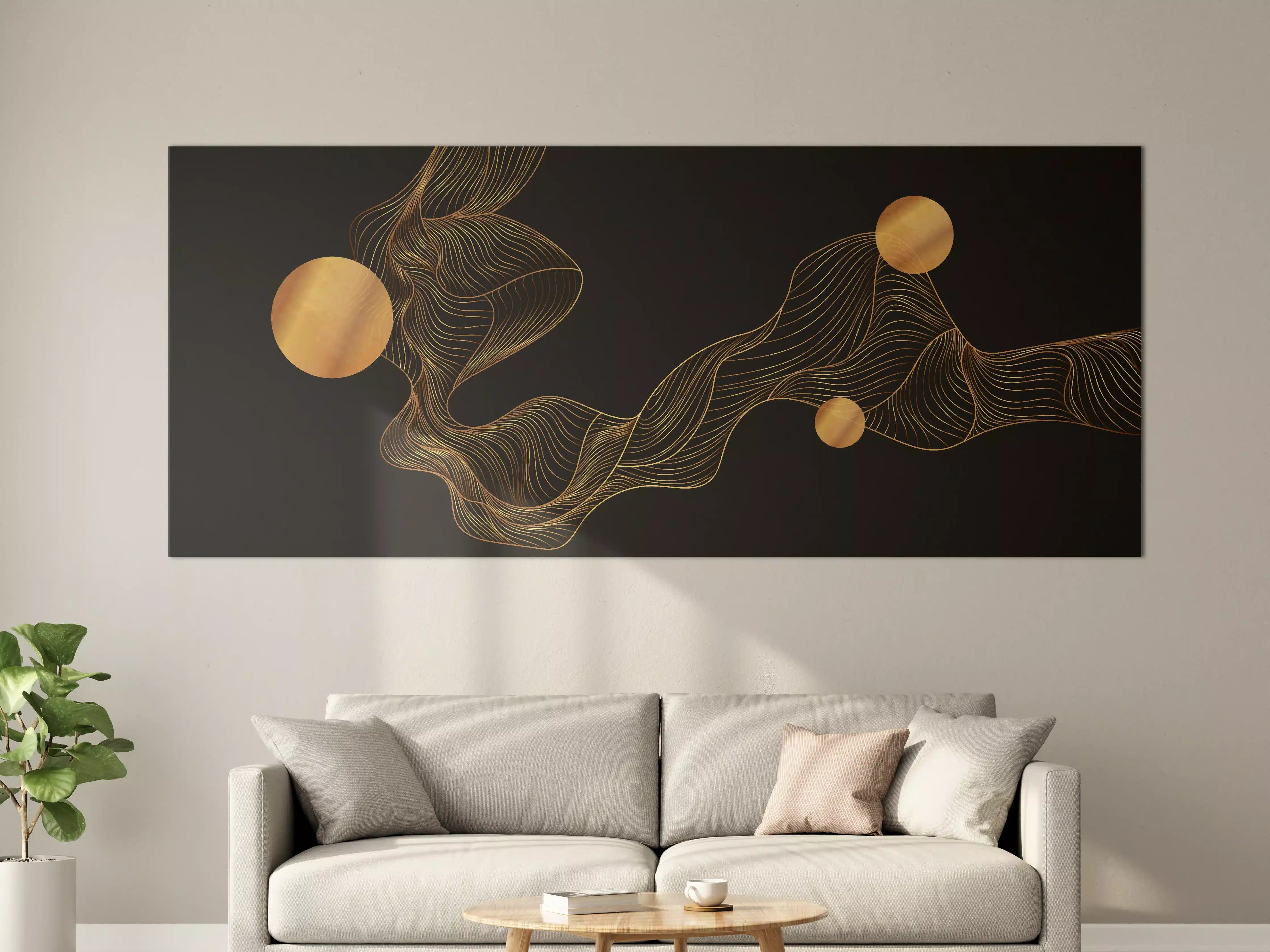 Große Wandbilder - Abstrakte Gold-Schwarz Linienkunst