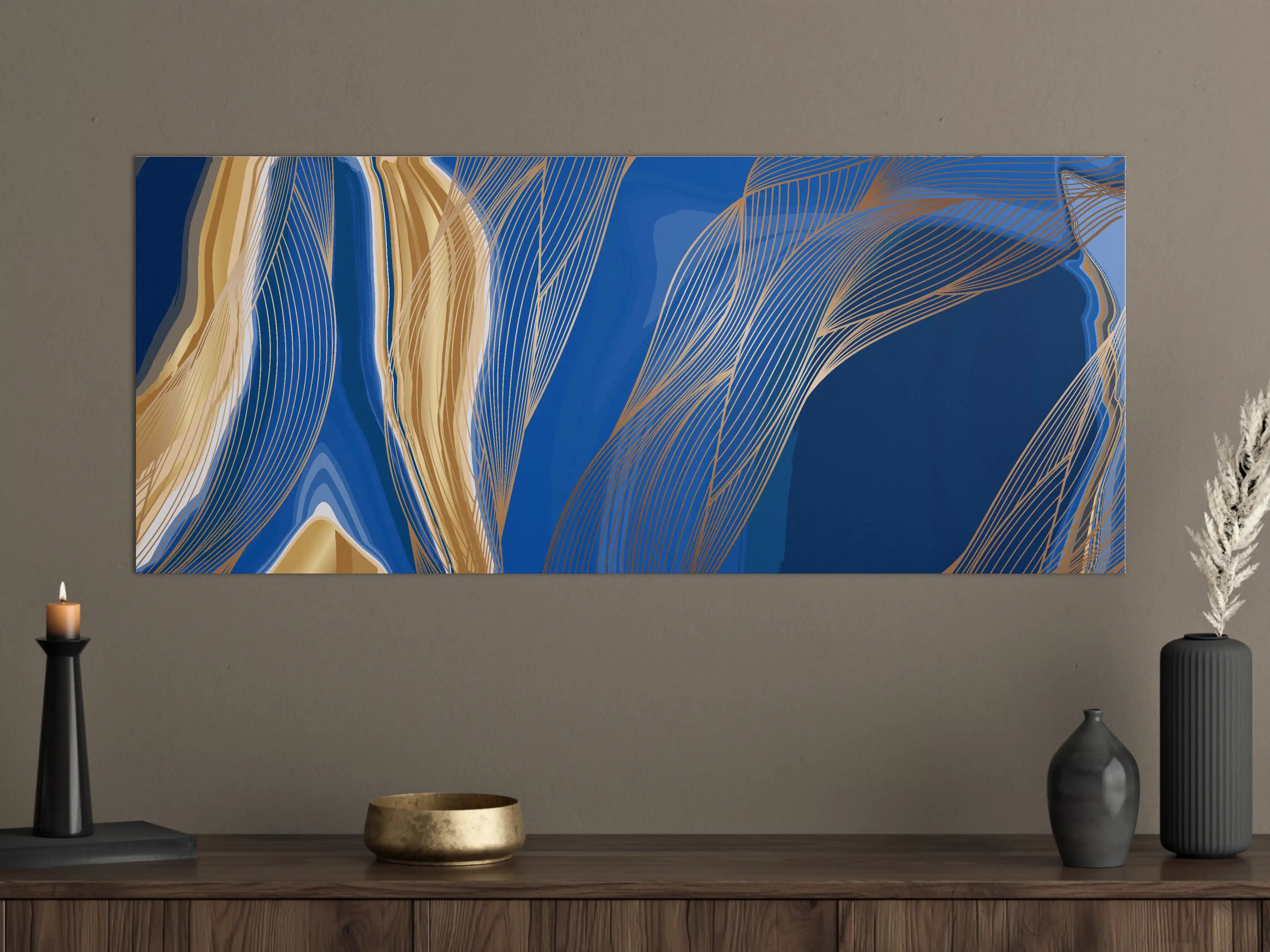 Große Wandbilder - Abstrakte Linienkunst in Blau-Gold