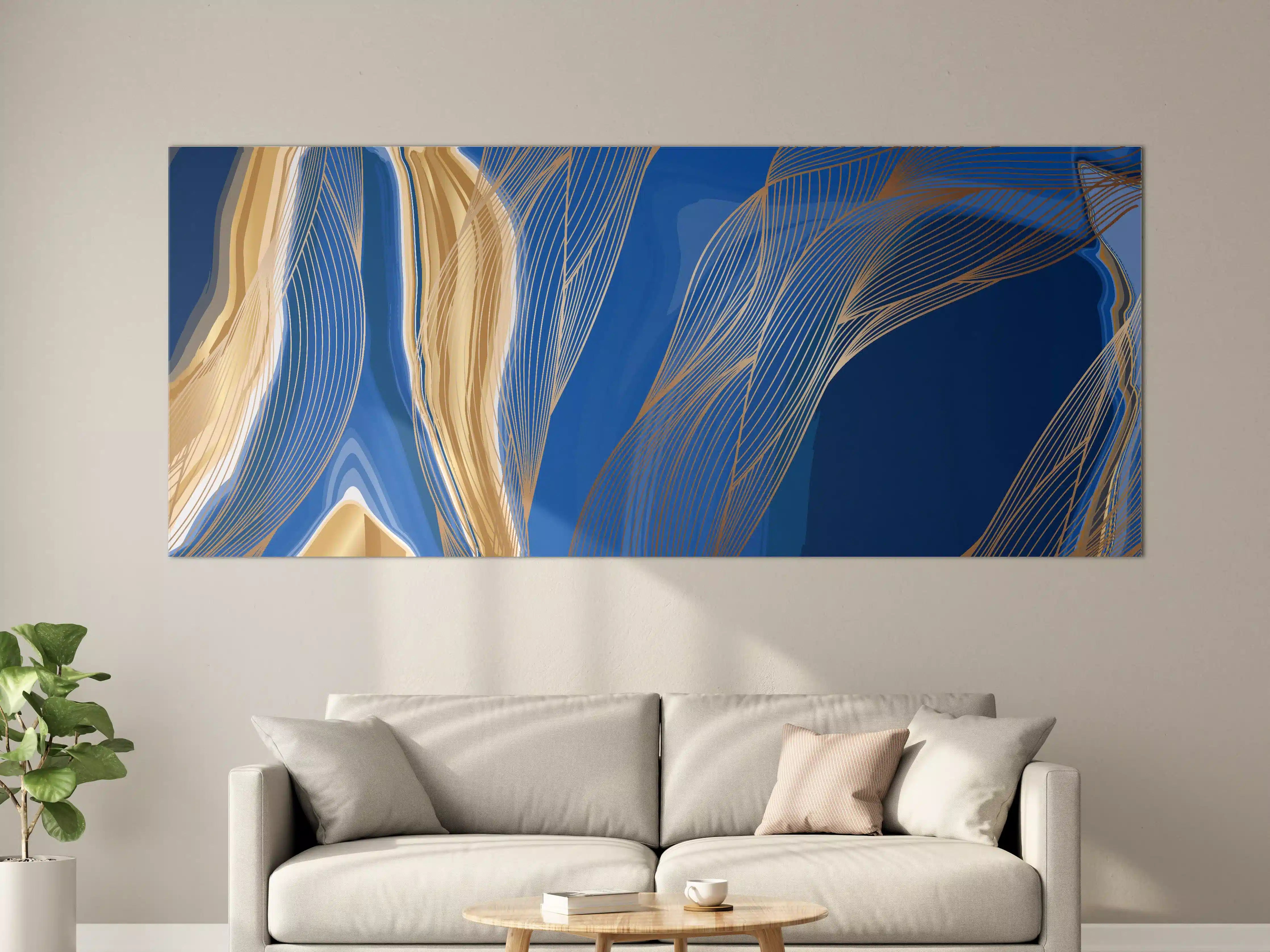Große Wandbilder - Abstrakte Linienkunst in Blau-Gold