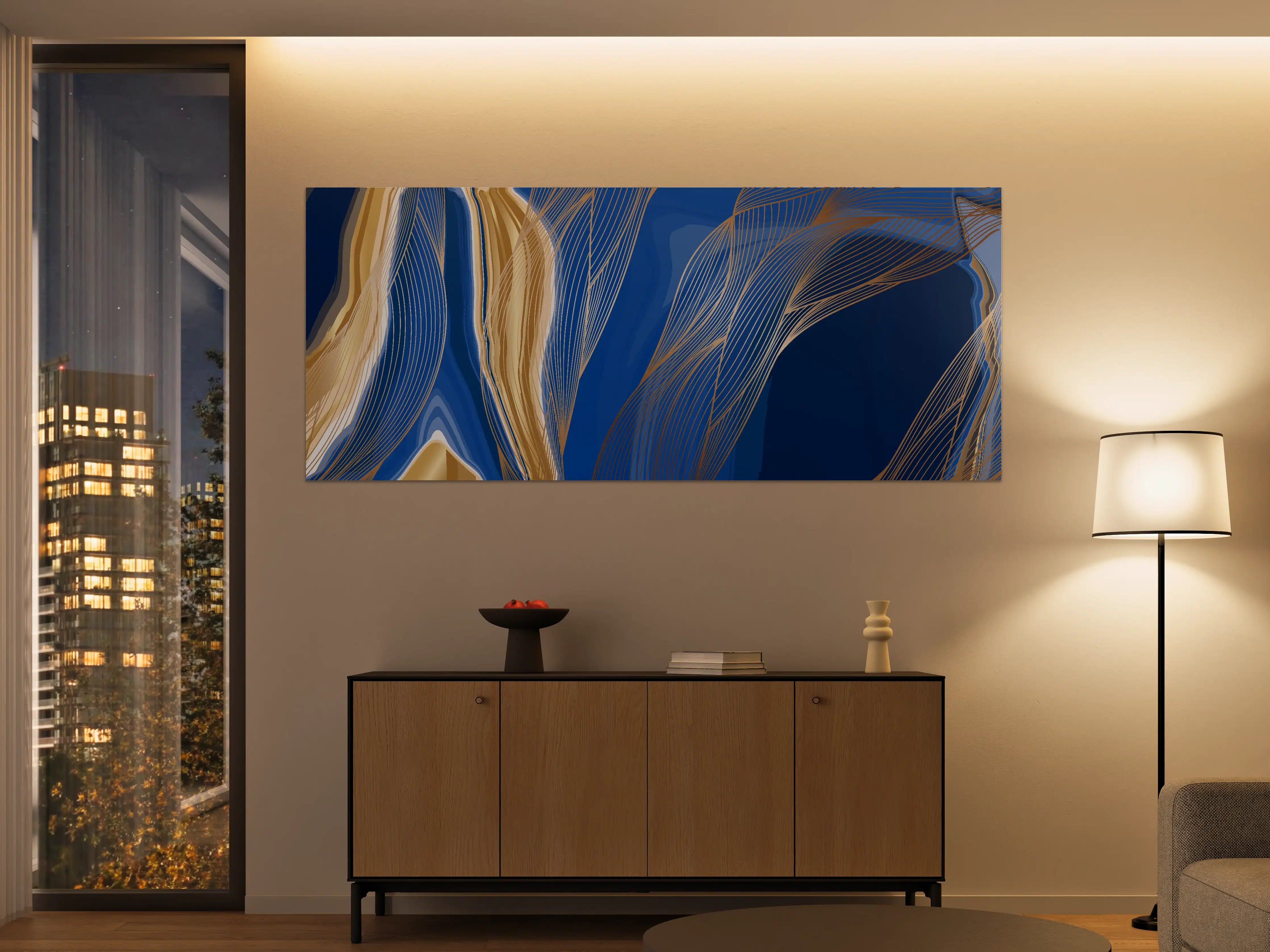 Große Wandbilder - Abstrakte Linienkunst in Blau-Gold