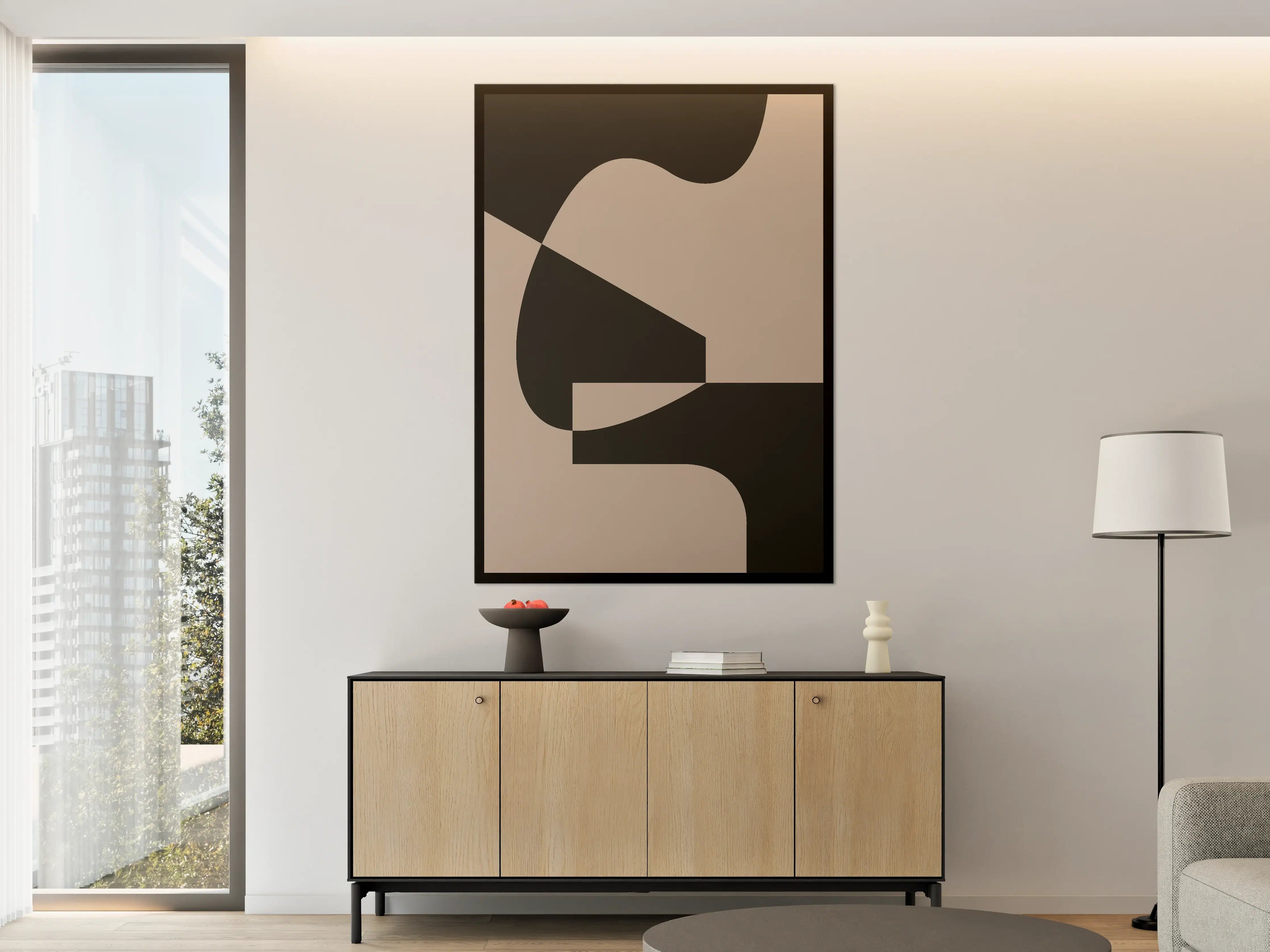 Große Wandbilder - Abstrakte Multi-Form Grafik in Beige und Schwarz