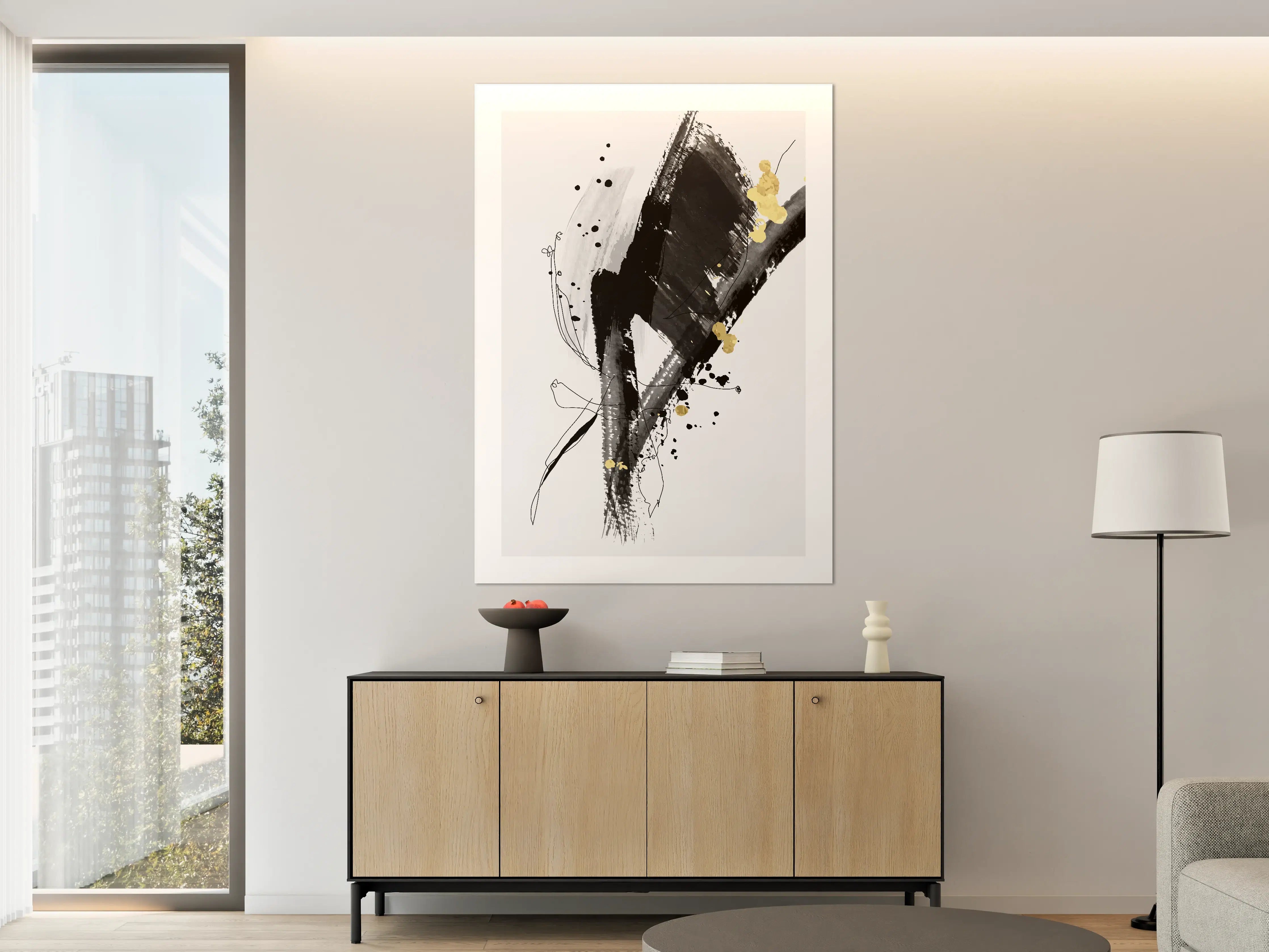 Große Wandbilder - Abstrakte Schwarz-Graue Kunst mit Goldakzenten