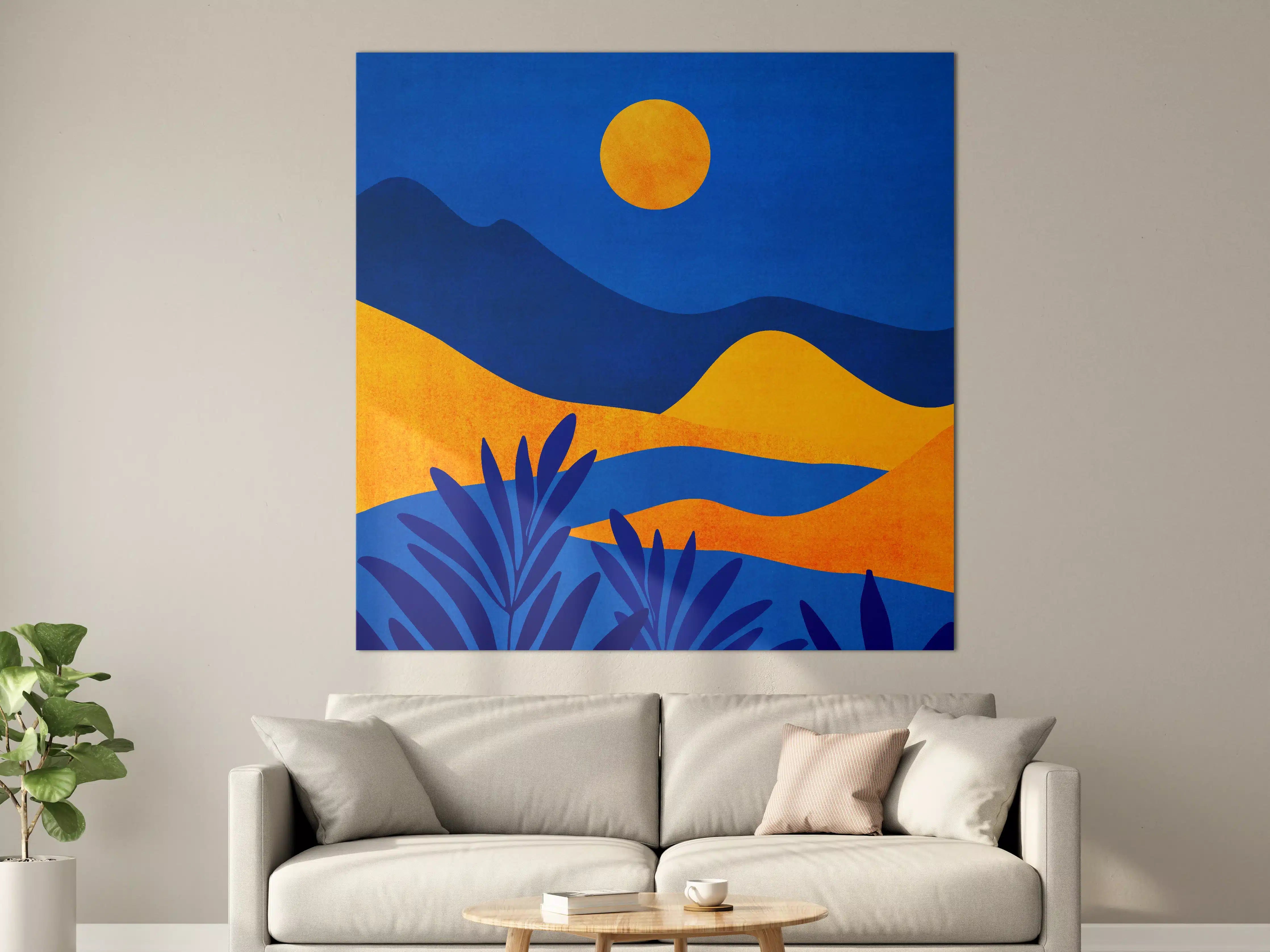 Große Wandbilder - Abstrakte Sonnenuntergangsszene mit Bergsilhouette