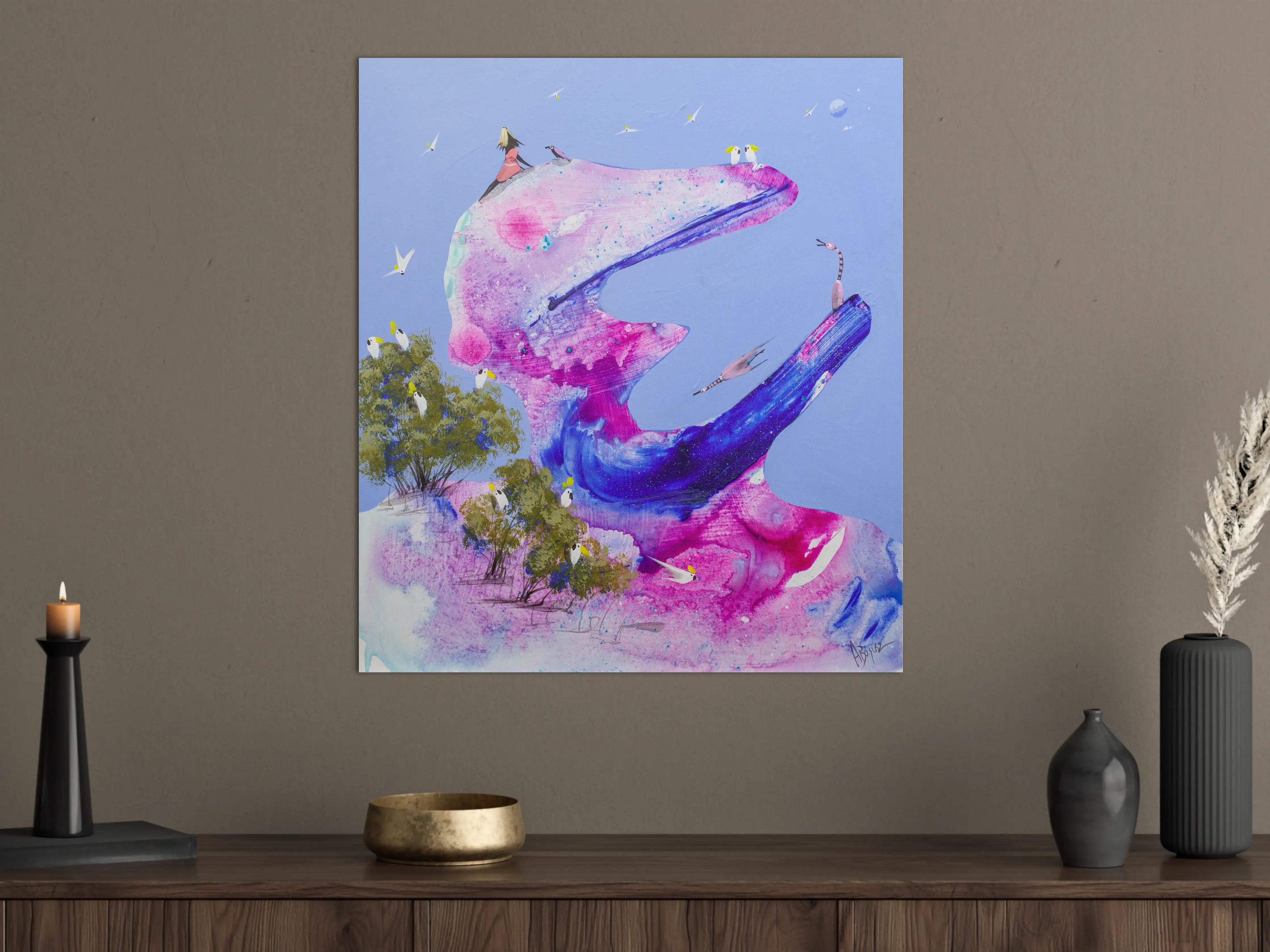 Große Wandbilder - Abstrakte Wasserfarbenkunst mit lebendigen Pink- und Blautönen