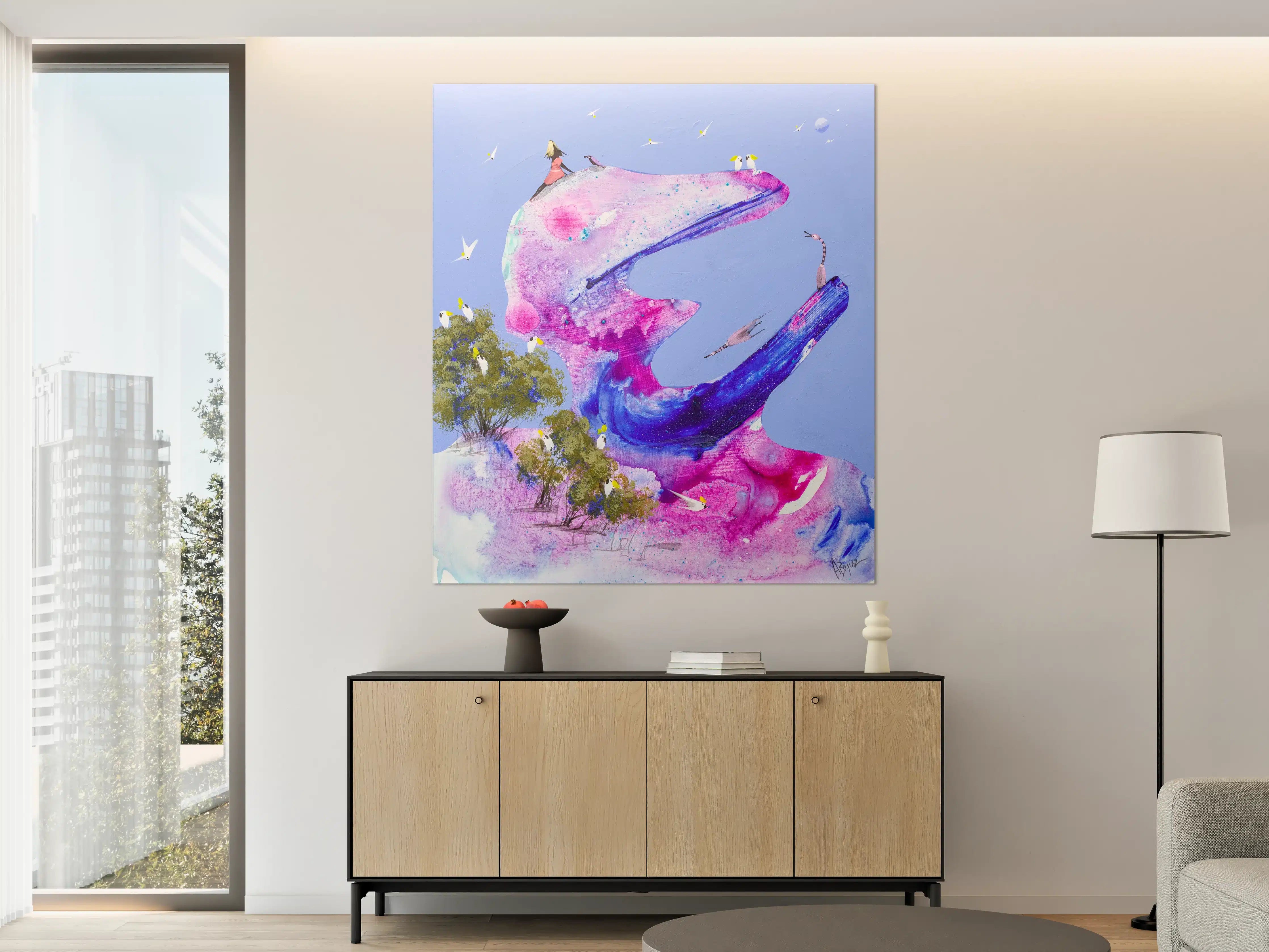 Große Wandbilder - Abstrakte Wasserfarbenkunst mit lebendigen Pink- und Blautönen