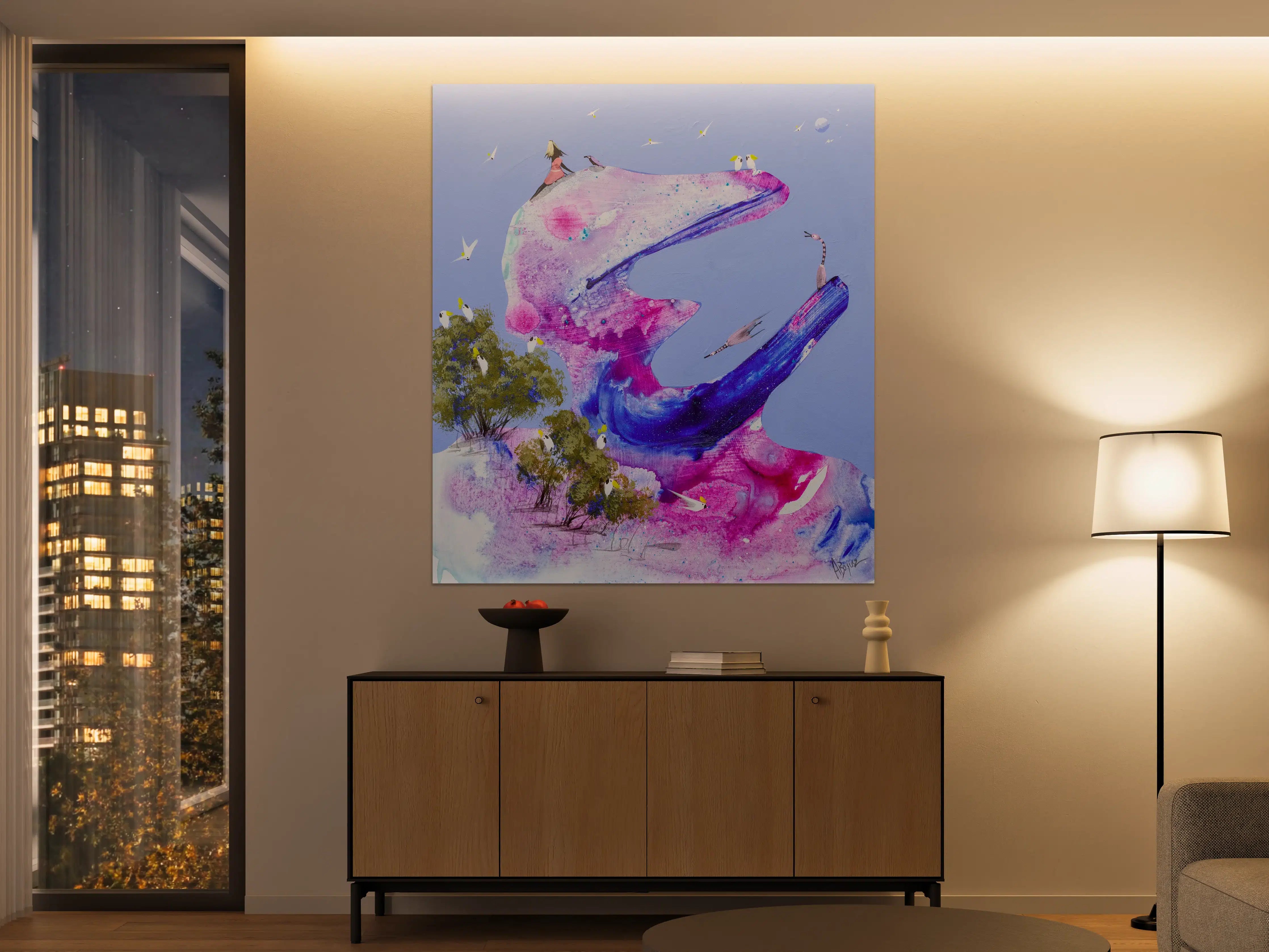 Große Wandbilder - Abstrakte Wasserfarbenkunst mit lebendigen Pink- und Blautönen