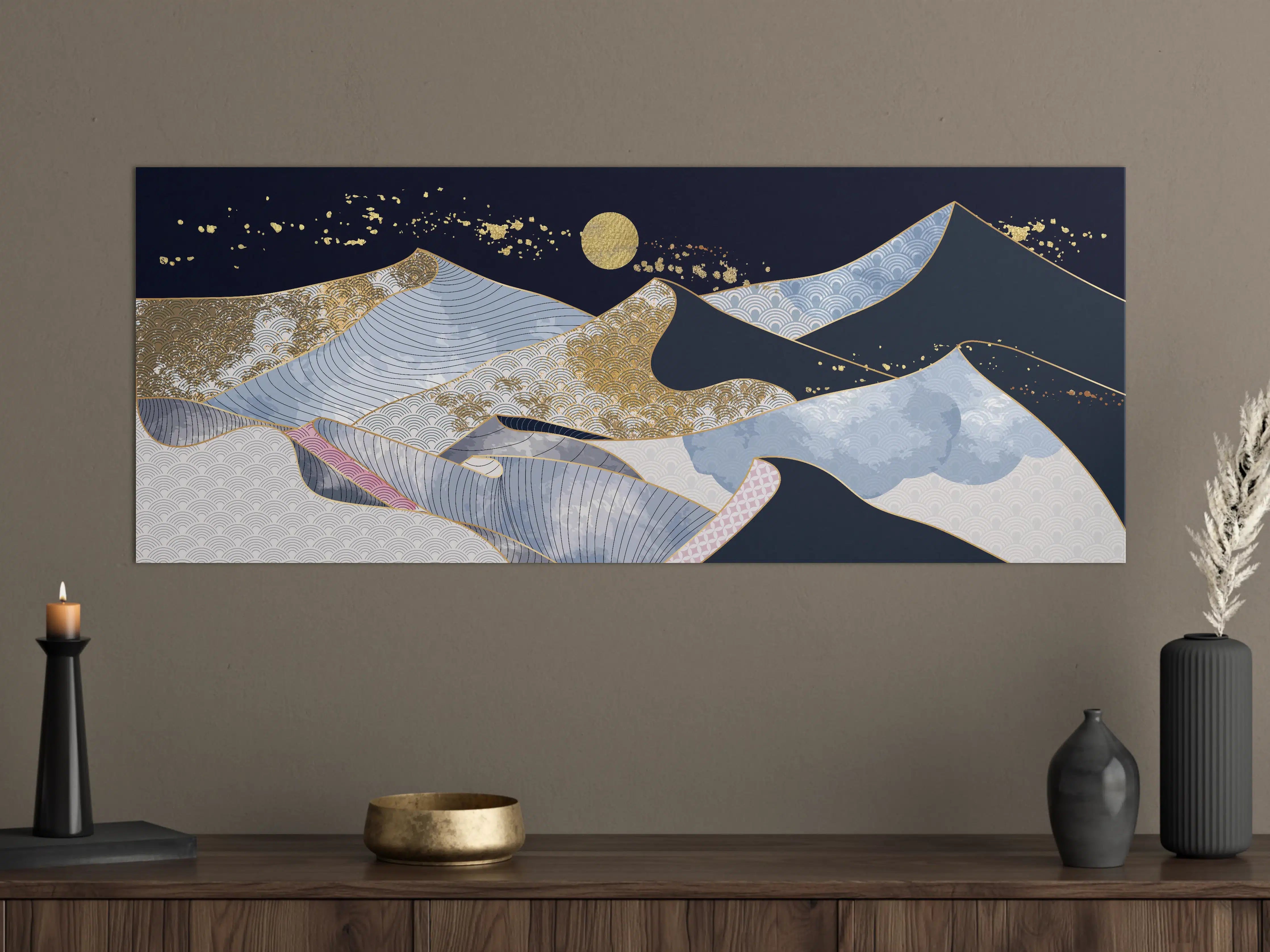 Große Wandbilder - Abstrakte Wellen Gold Blau