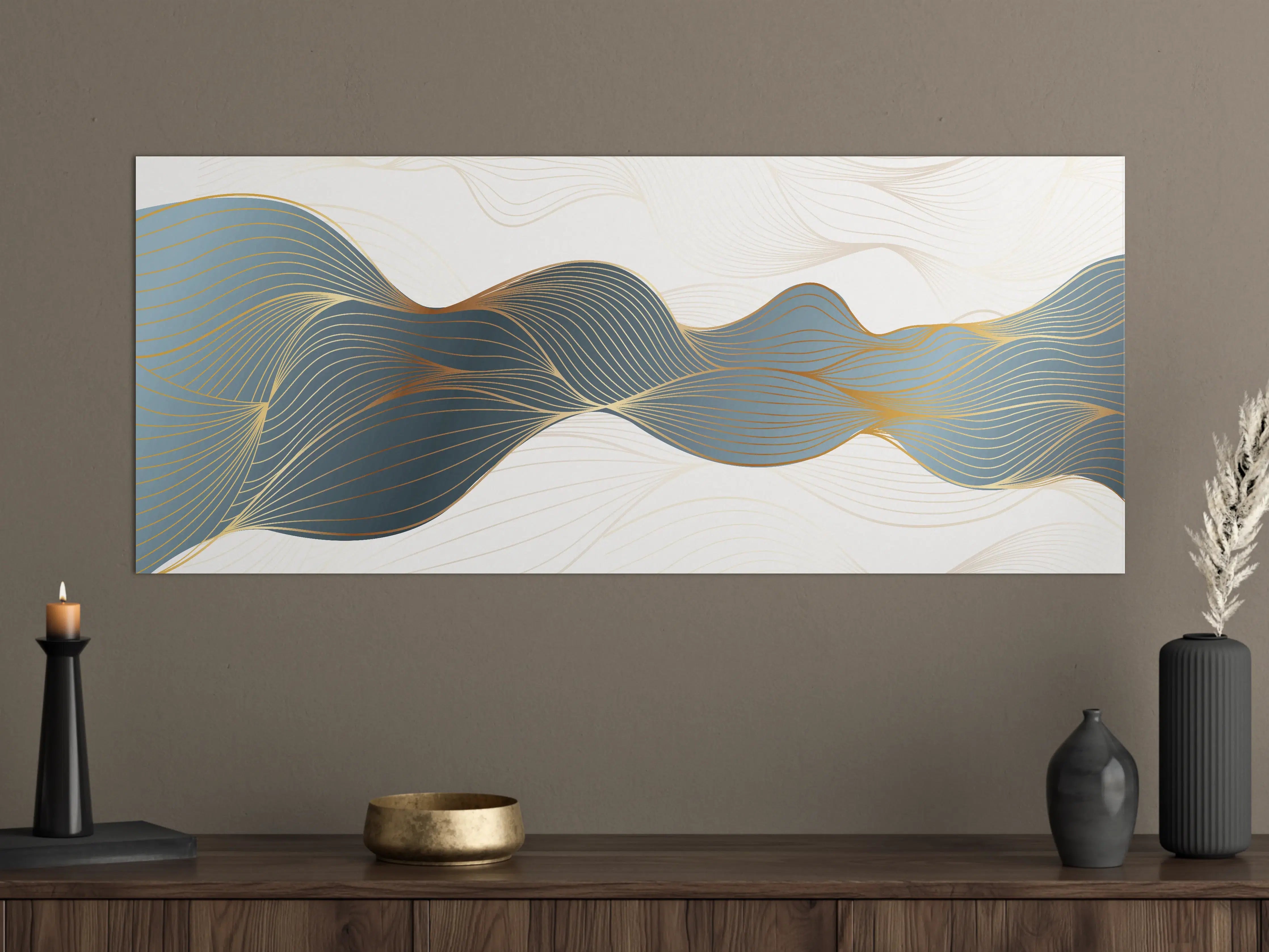 Große Wandbilder - Abstrakte Wellenlinien Gold Blau